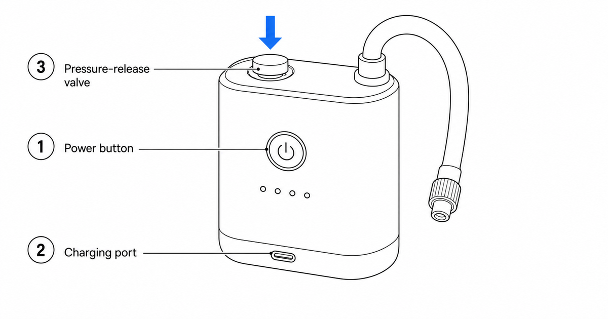 Una foto de producto convertida en dibujo lineal limpio de manual con llamadas numeradas
