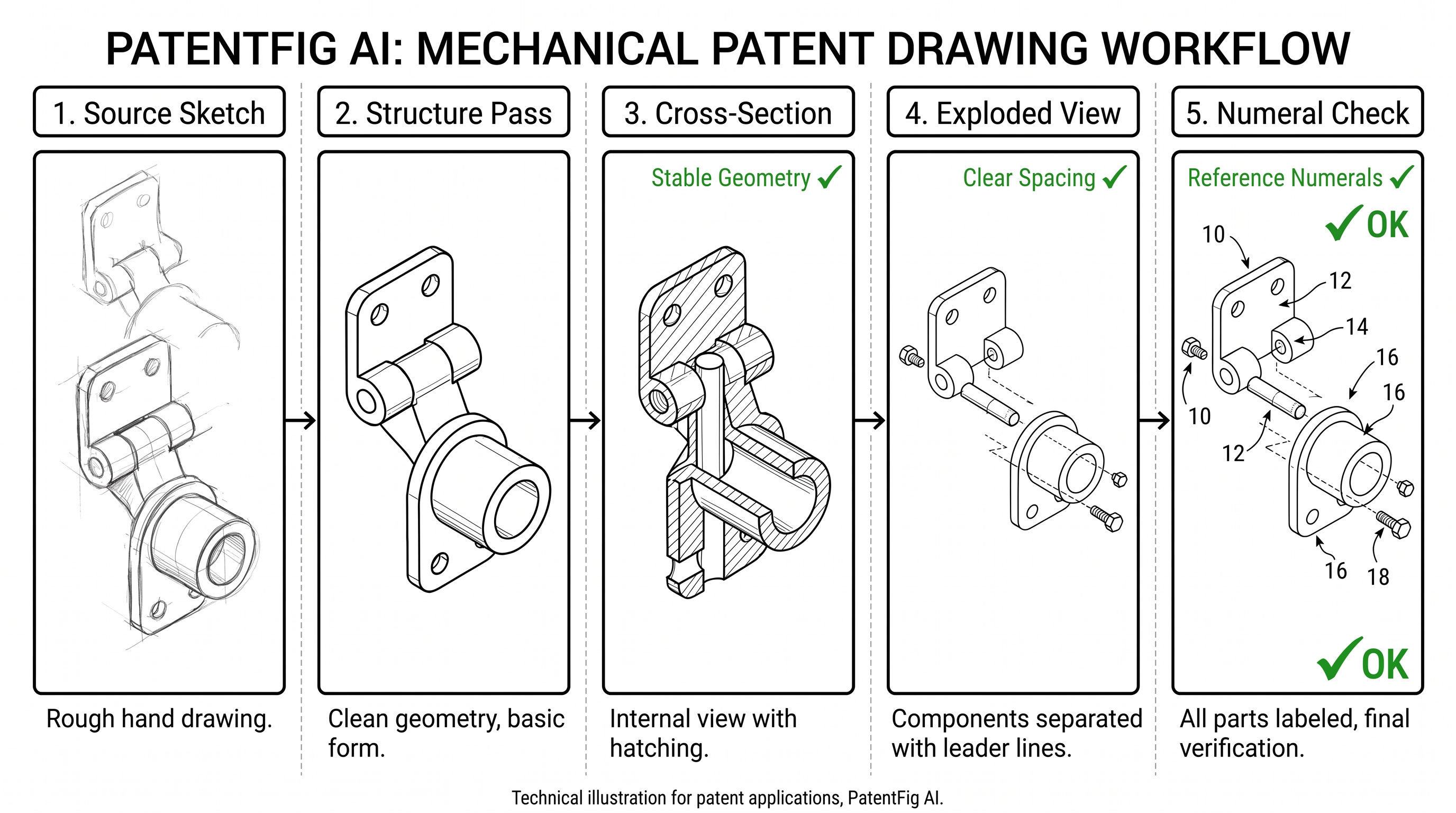 Mechanical patent drawing workflow from source sketch to structure pass, cross-section, exploded view, and numeral check