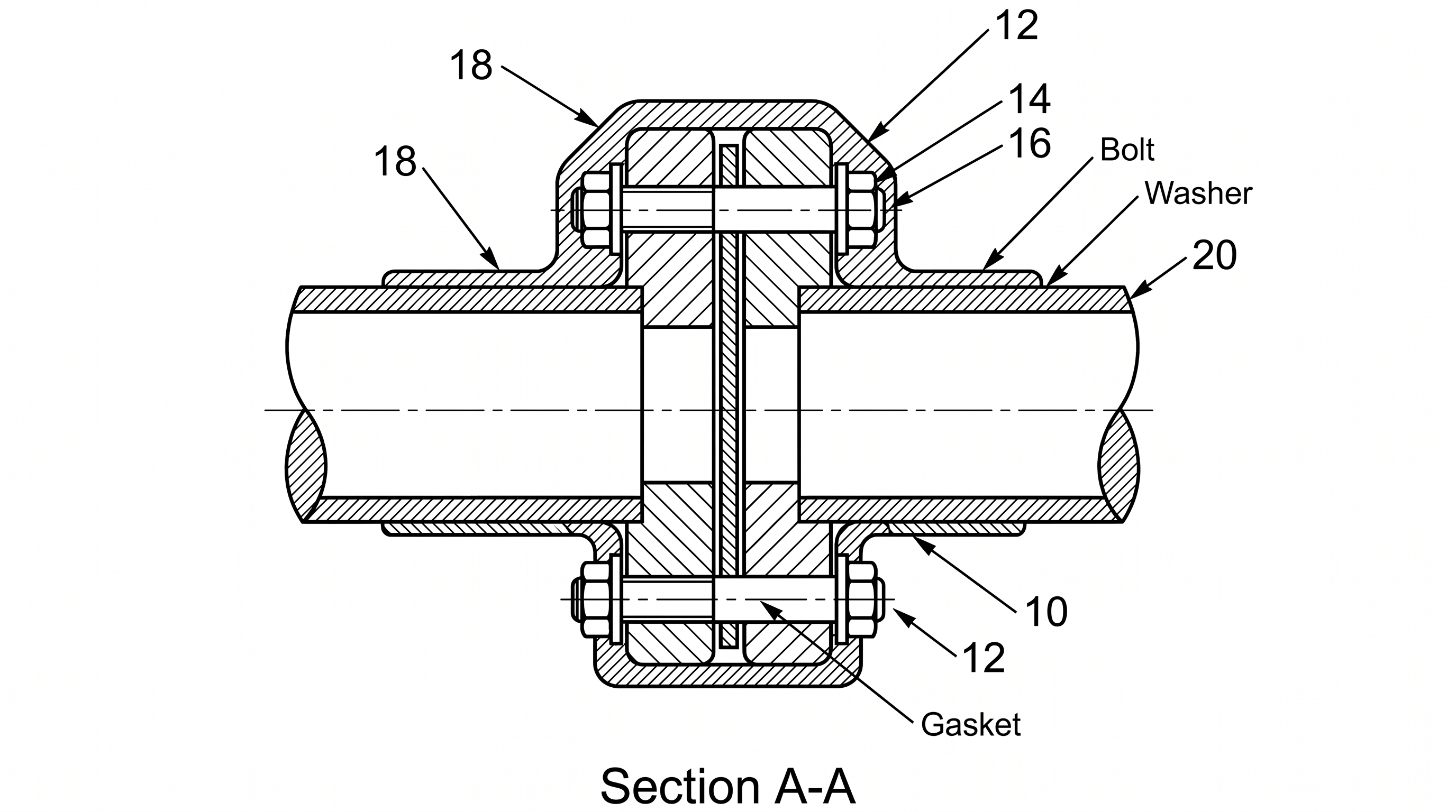 Flange cross-section with bolts, washers, gasket, leader lines, and reference numerals