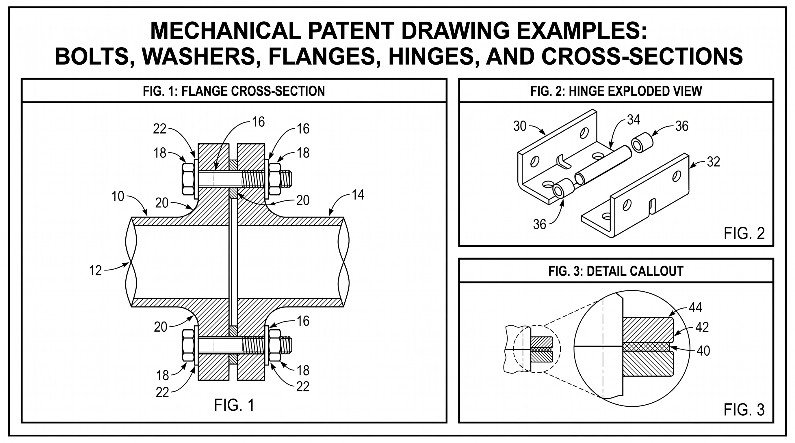 Mechanical Patent Drawing Examples: Bolts, Washers, Flanges, Hinges, and Cross-Sections