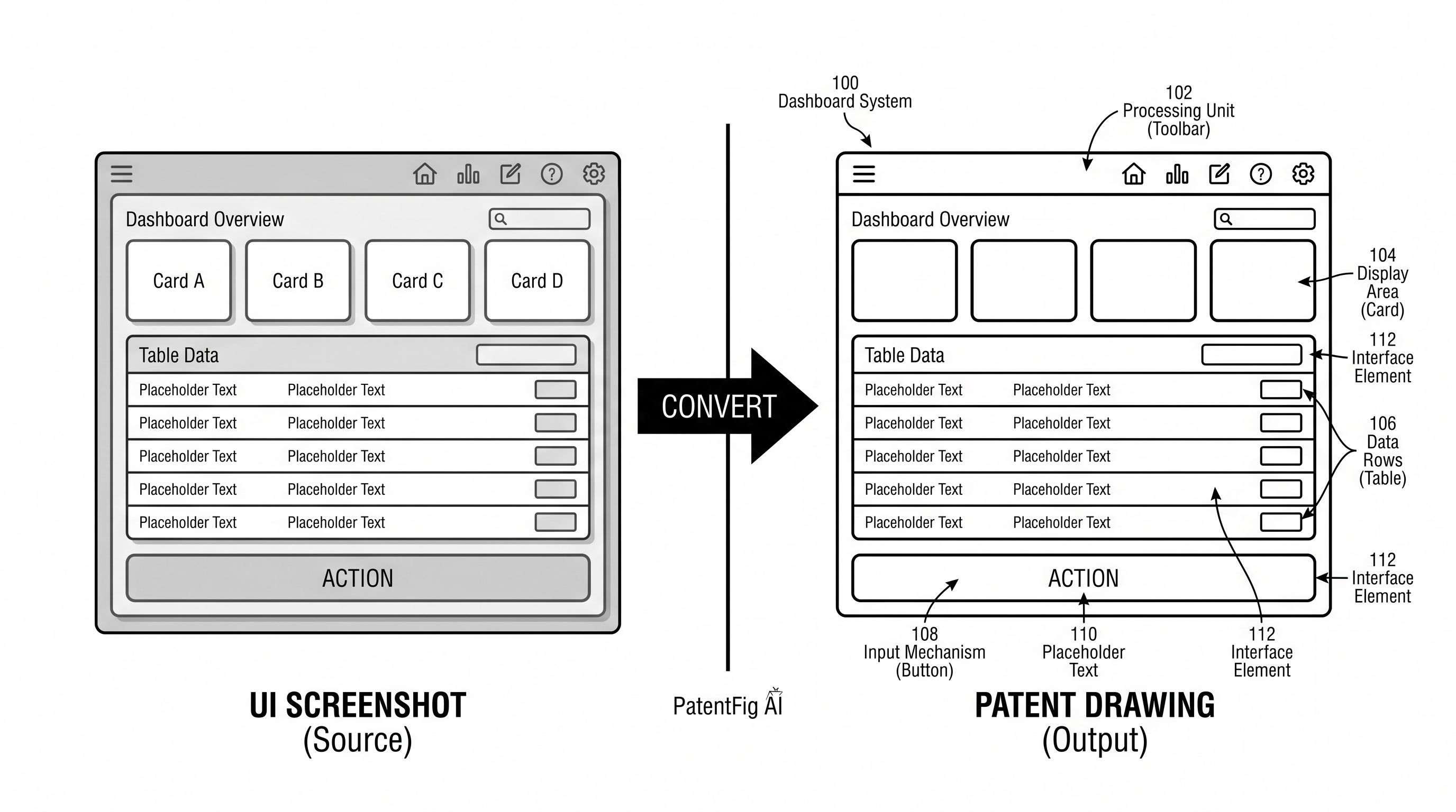 Before-and-after UI screenshot conversion into patent-style line art