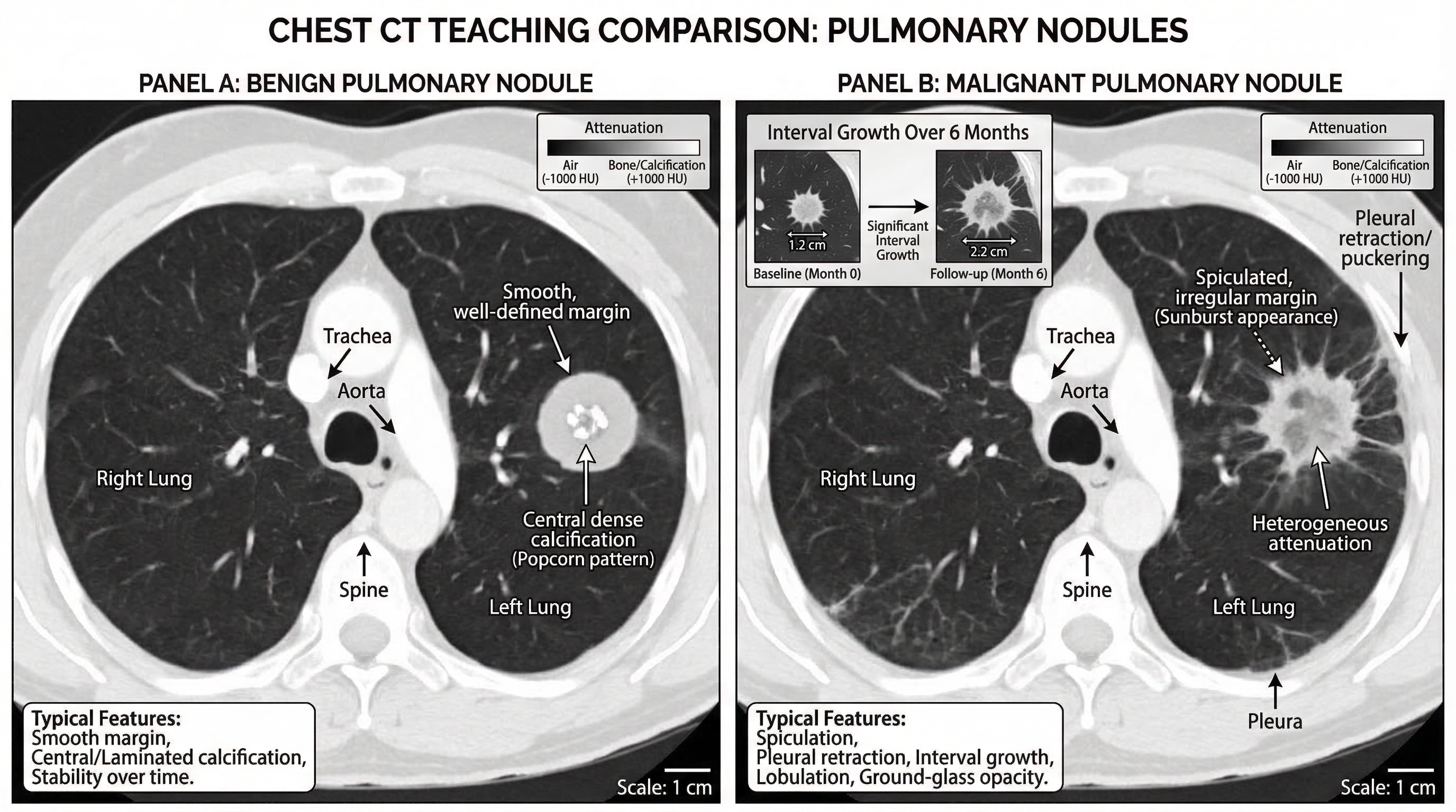 CT benign vs malignant lung nodule comparison