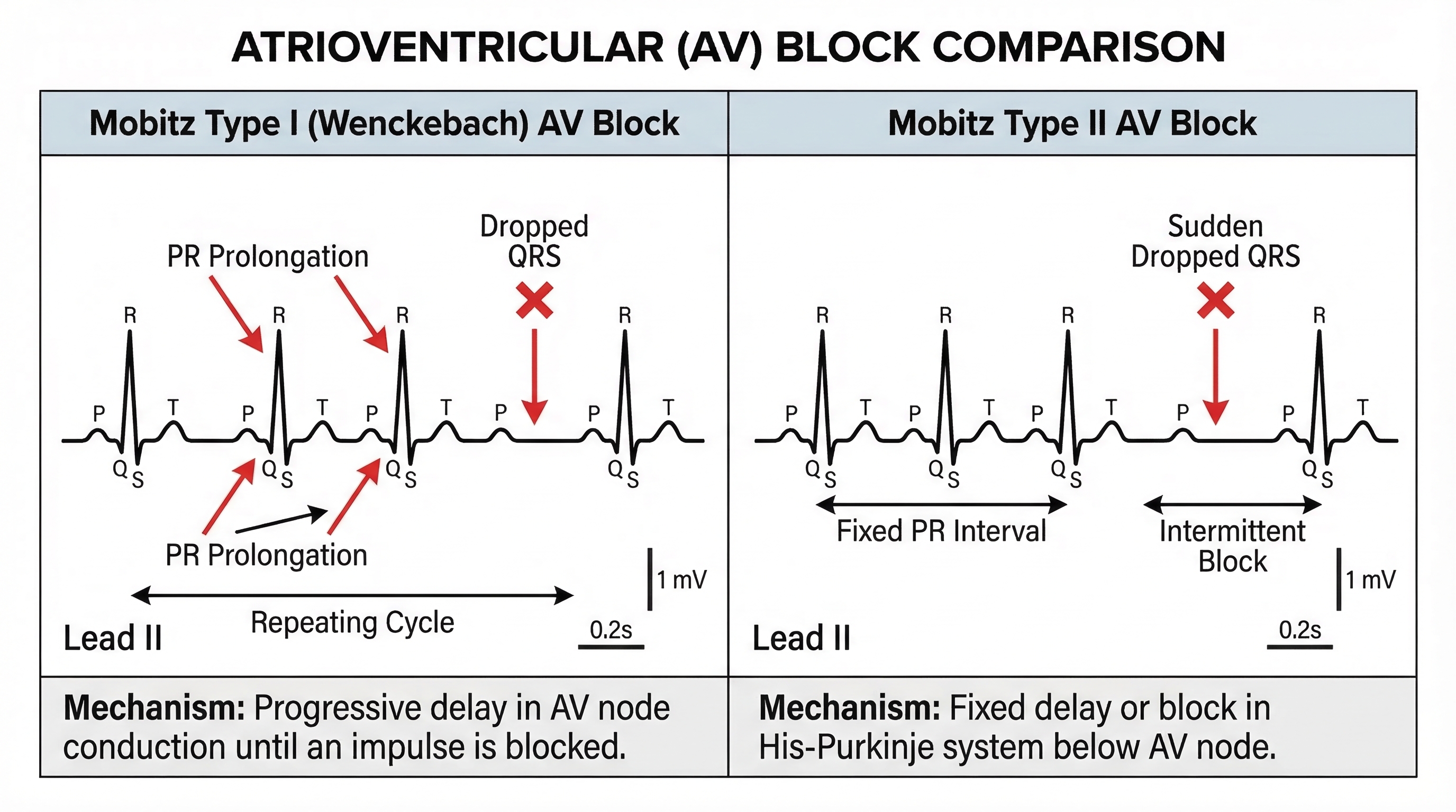 Mobitz I vs Mobitz II ECG comparison