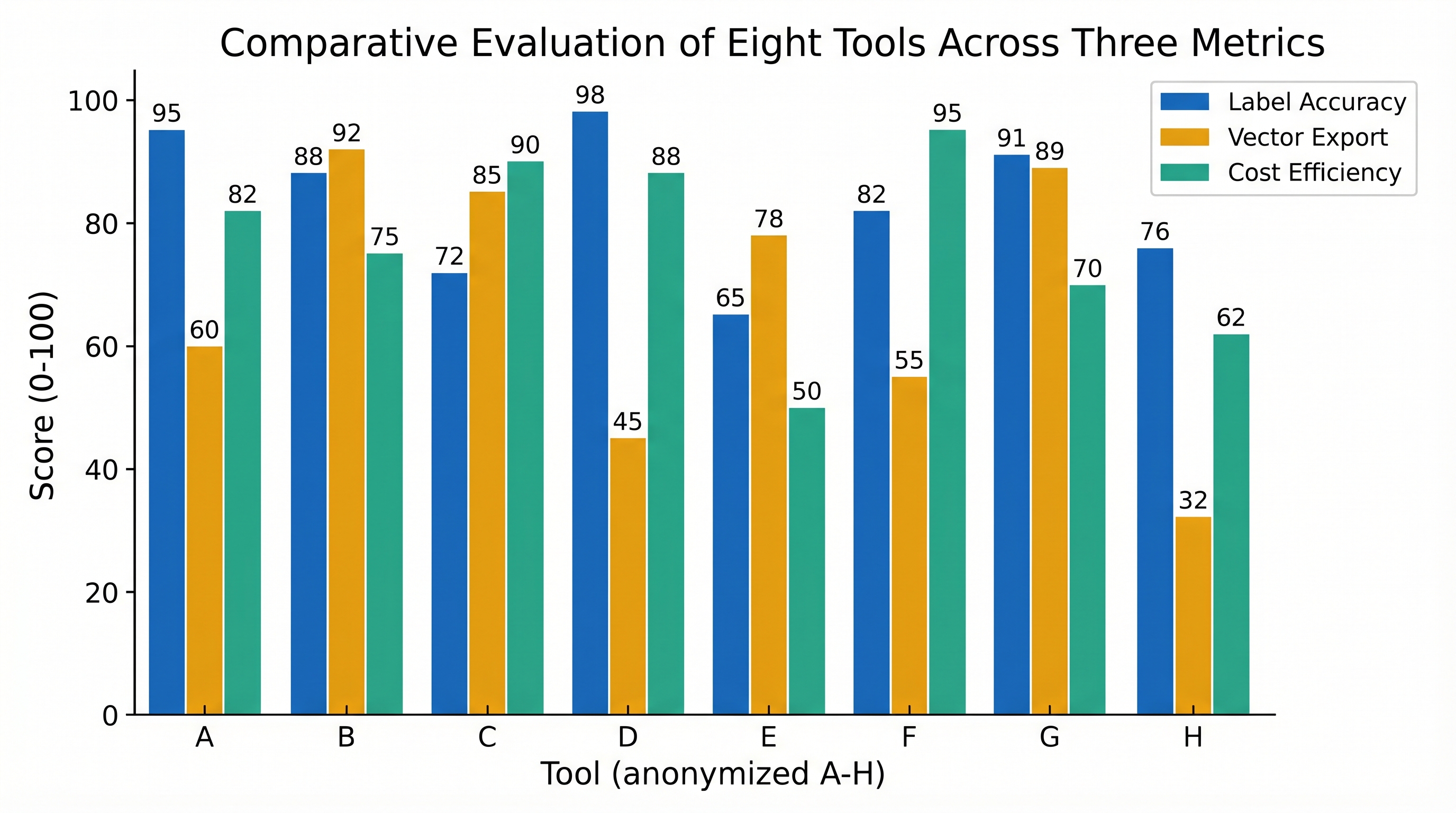 八工具对比的柱状图，显示标签准确率、矢量导出和成本差异