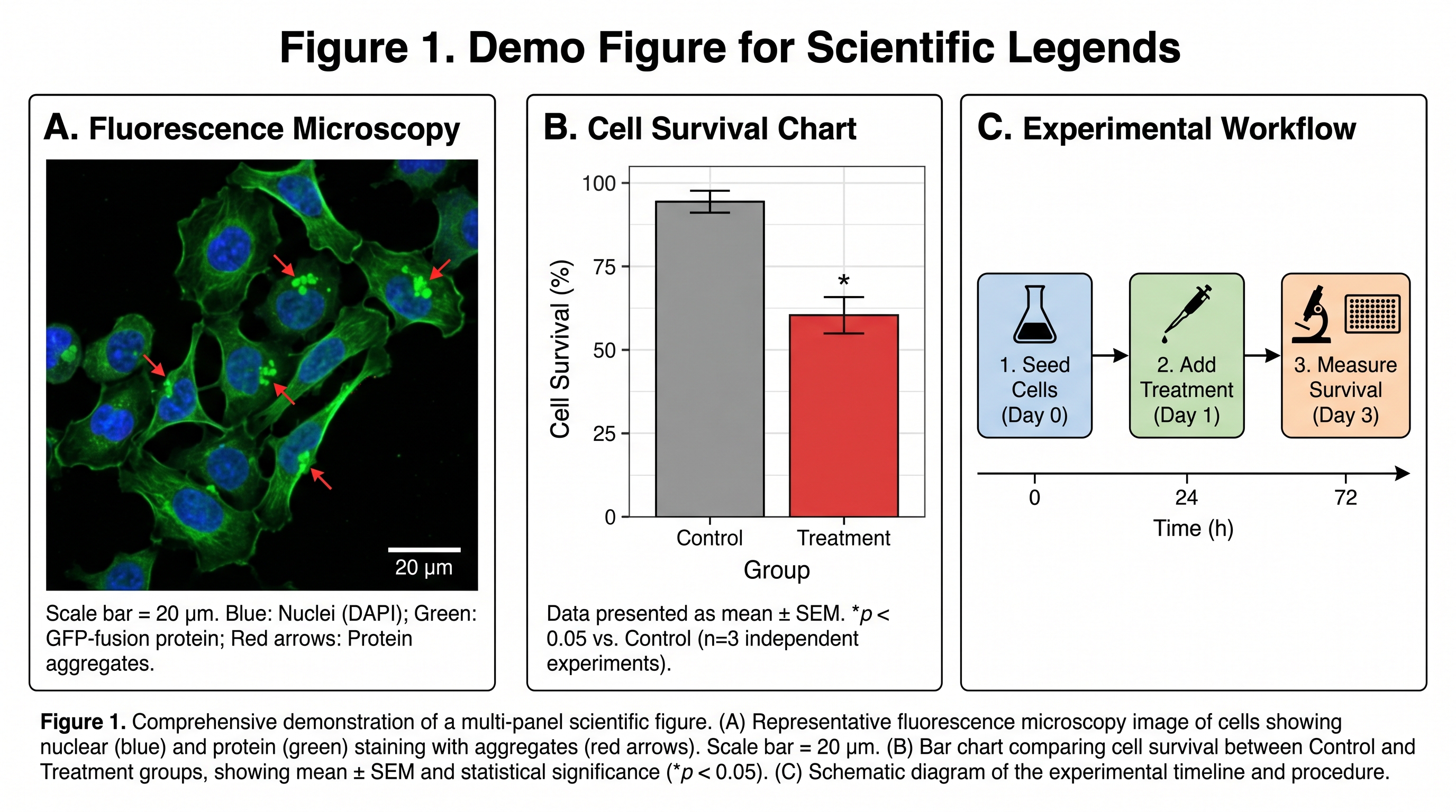 Макет многопанельного научного рисунка с микроскопией, диаграммой и схемой эксперимента