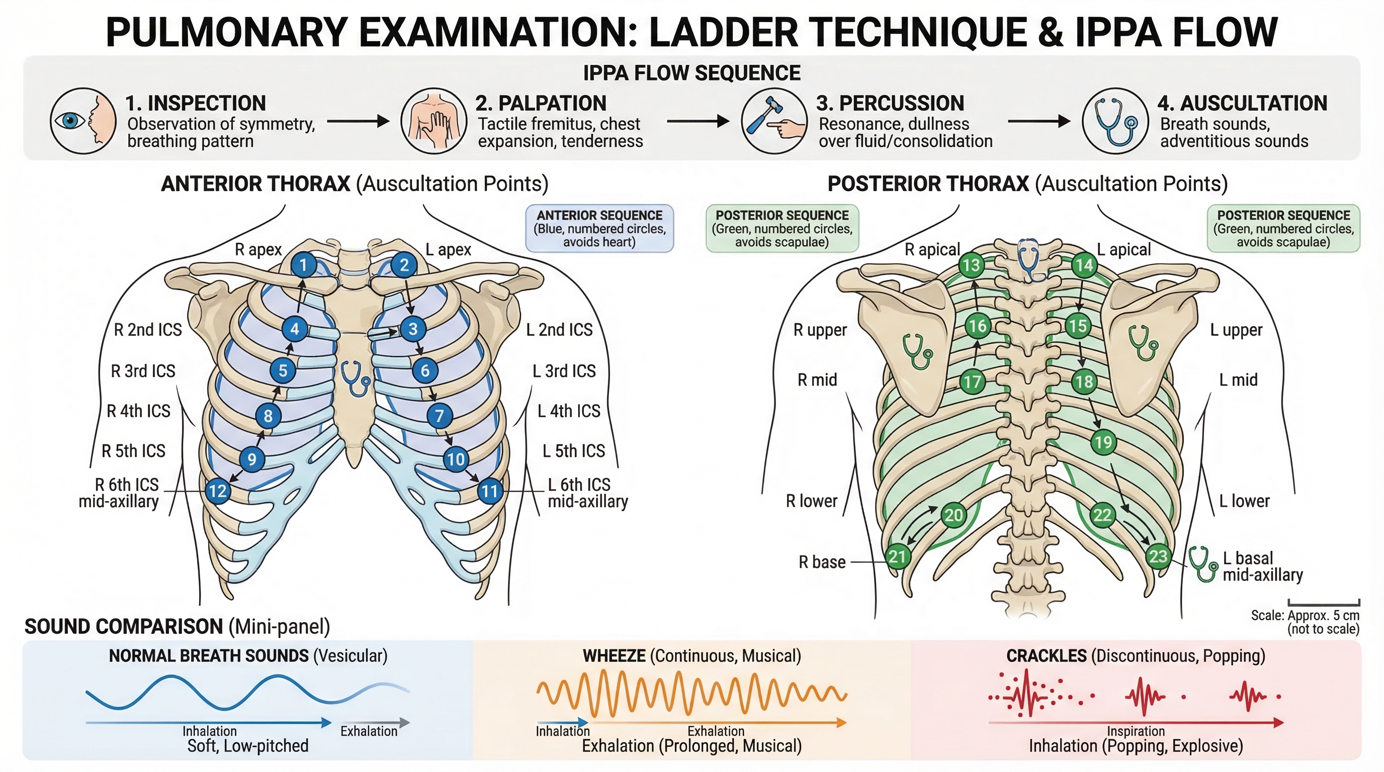 Pulmonary examination ladder technique diagram