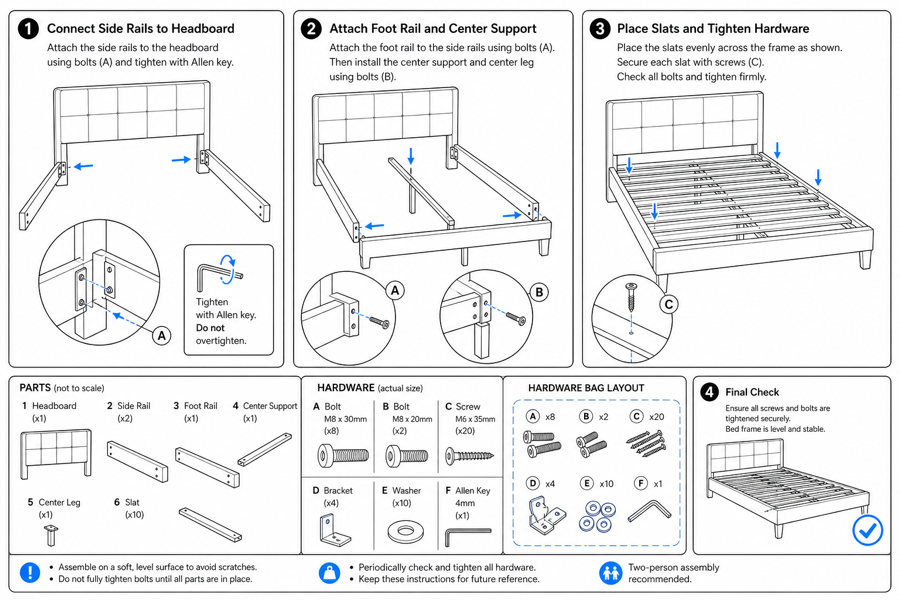 Bed frame assembly instructions, illustrated step by step — edited