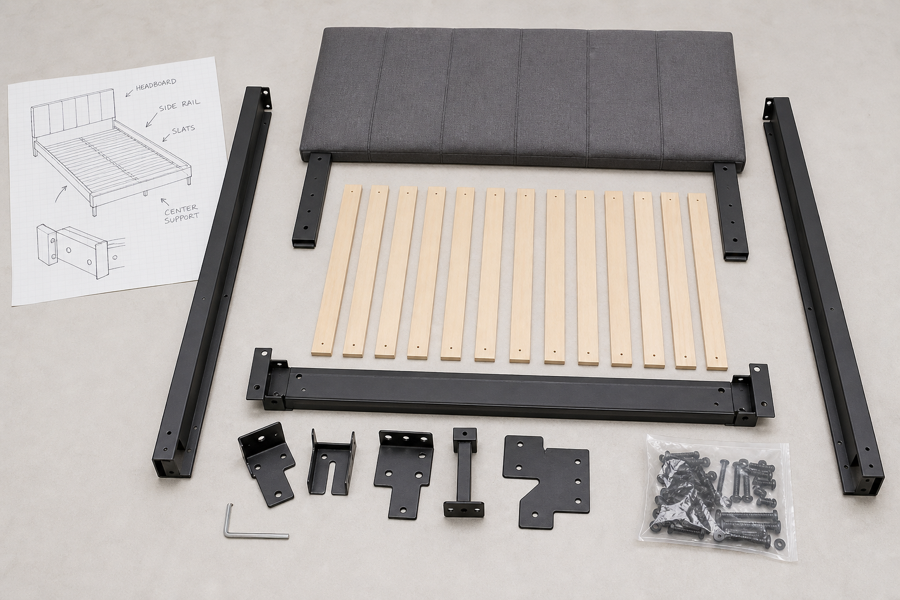 Bed frame assembly instructions, illustrated step by step — input