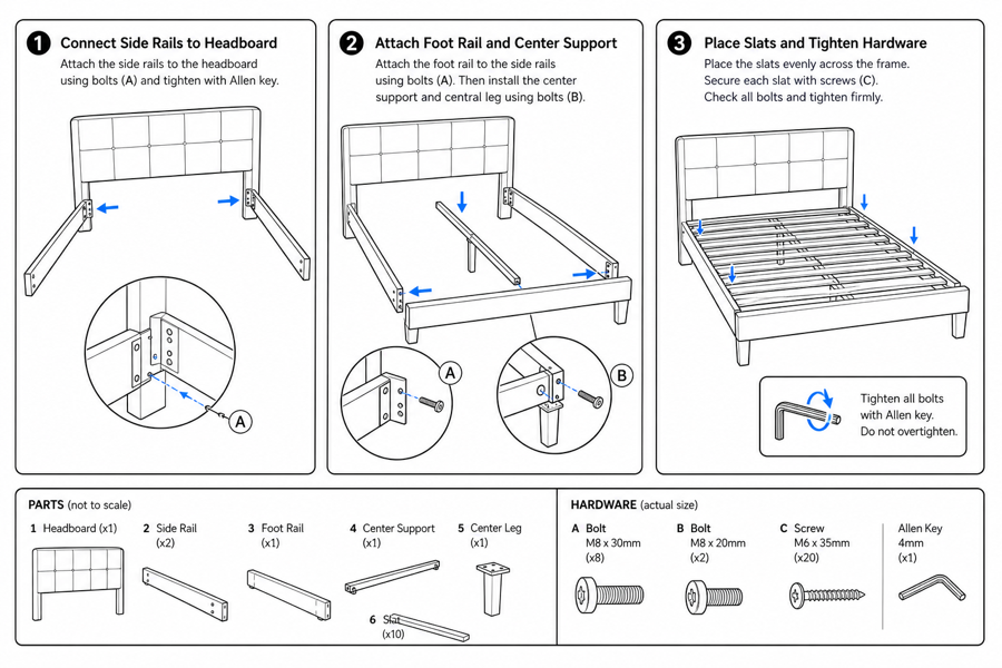 Bed frame assembly instructions, illustrated step by step