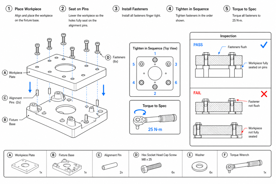 Manufacturing work instructions, illustrated step by step — edited