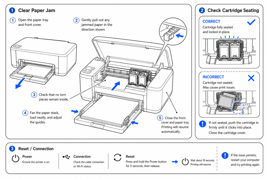 Printer troubleshooting guide, illustrated step by step — edited