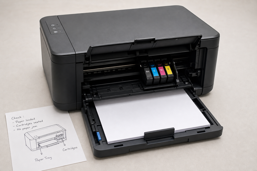 Printer troubleshooting guide, illustrated step by step — input