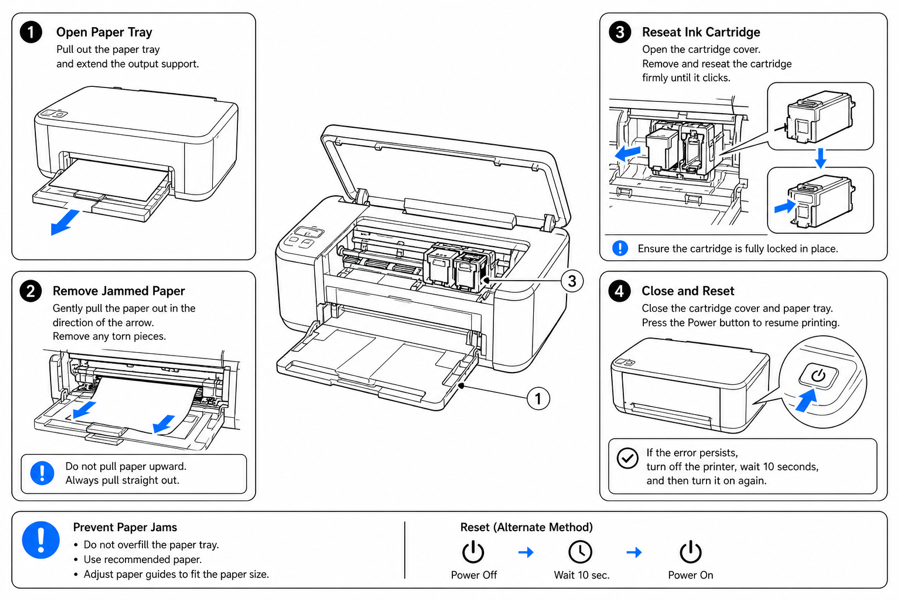 Printer troubleshooting guide, illustrated step by step