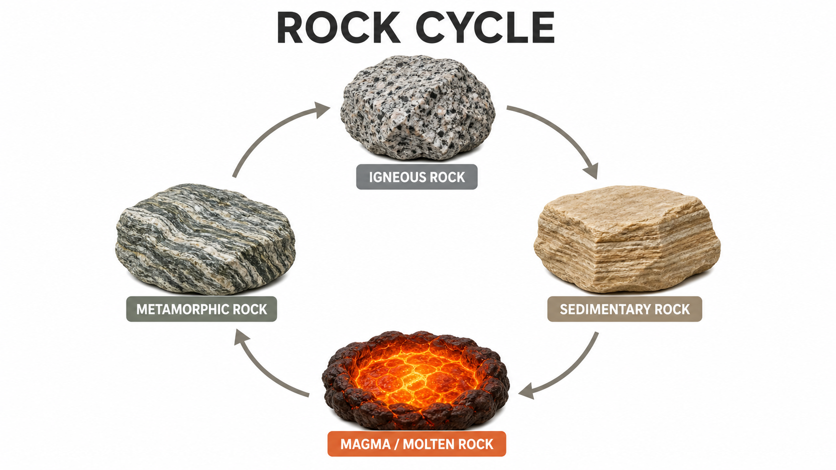 Diagramma etichettato del ciclo delle rocce che mostra le rocce ignea, sedimentaria e metamorfica collegate dai processi di degradazione, deposizione, calore e pressione, fusione e raffreddamento