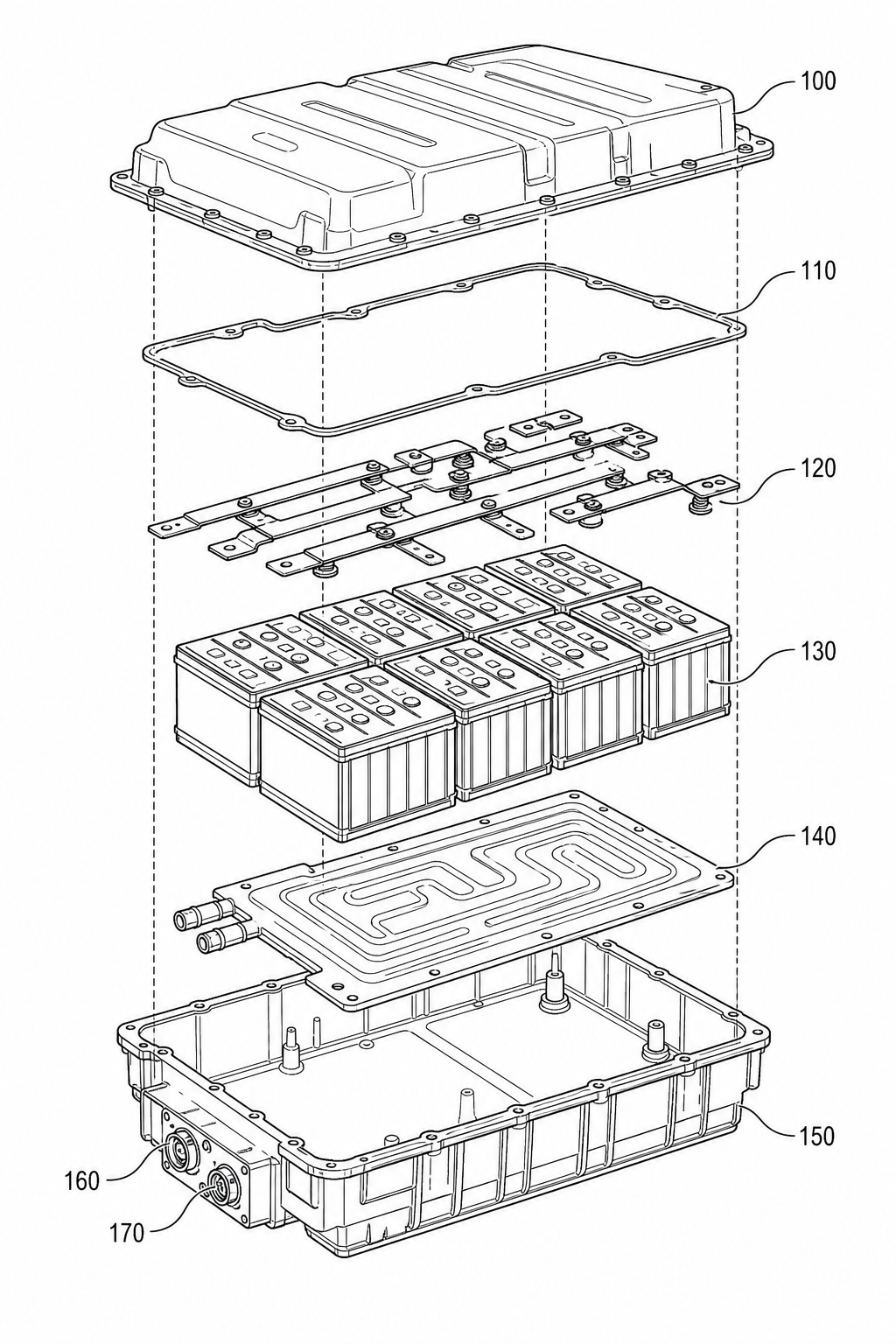 Exploded view patent line drawing of an EV battery pack