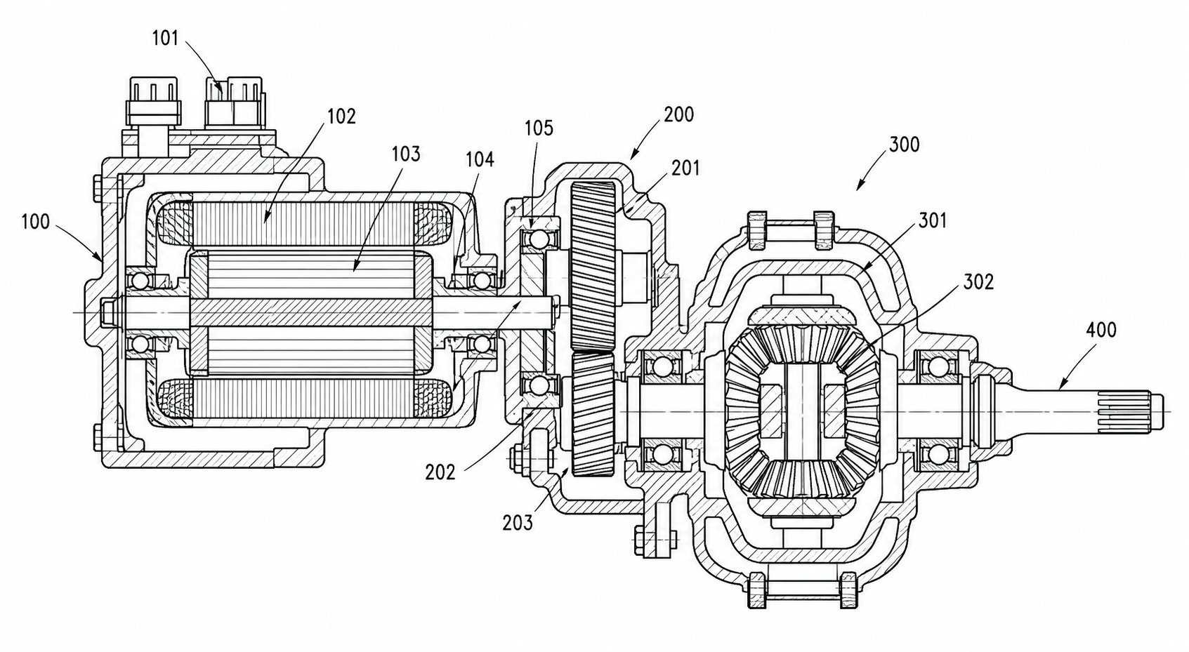 Cross-section patent line drawing of an electric vehicle powertrain
