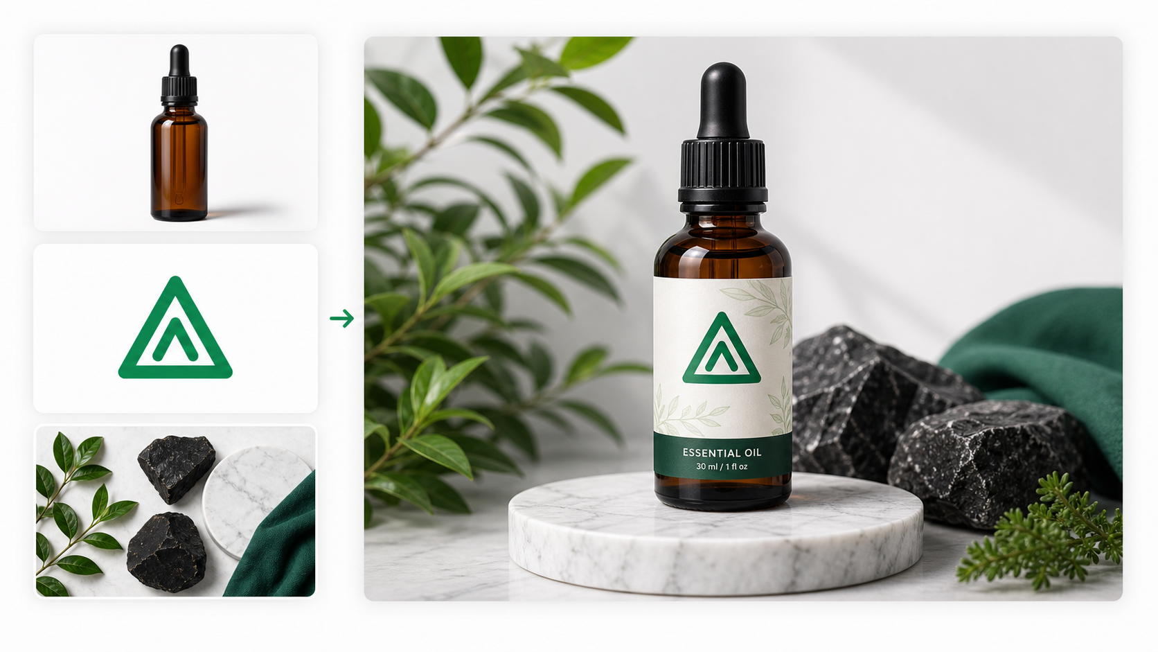 Essential oil bottle concept generated from product, logo, and style references