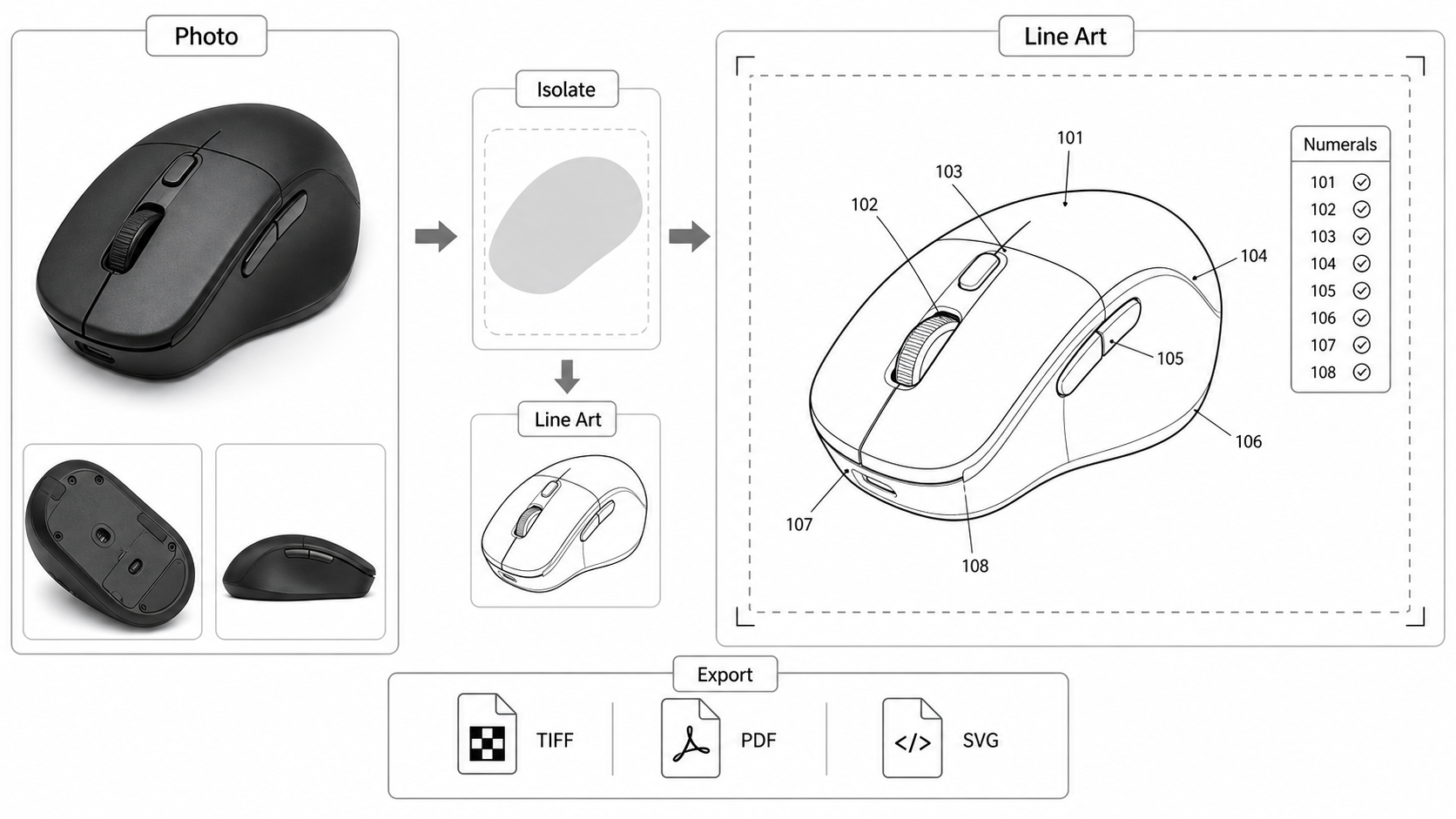 Patent-style line drawing generated from a product photo