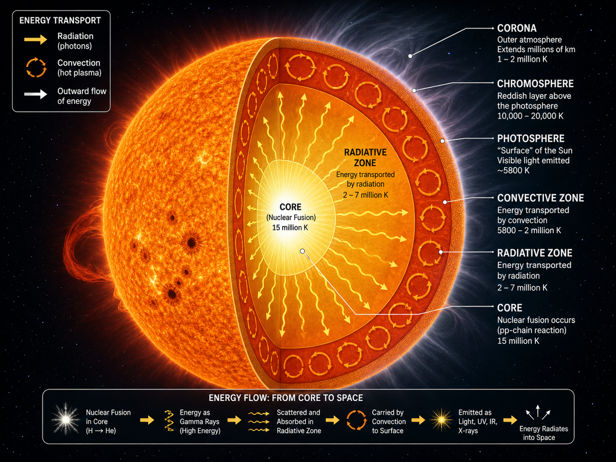 Stellar Structure — Astrophysics illustration of a star's internal layers and energy transport.