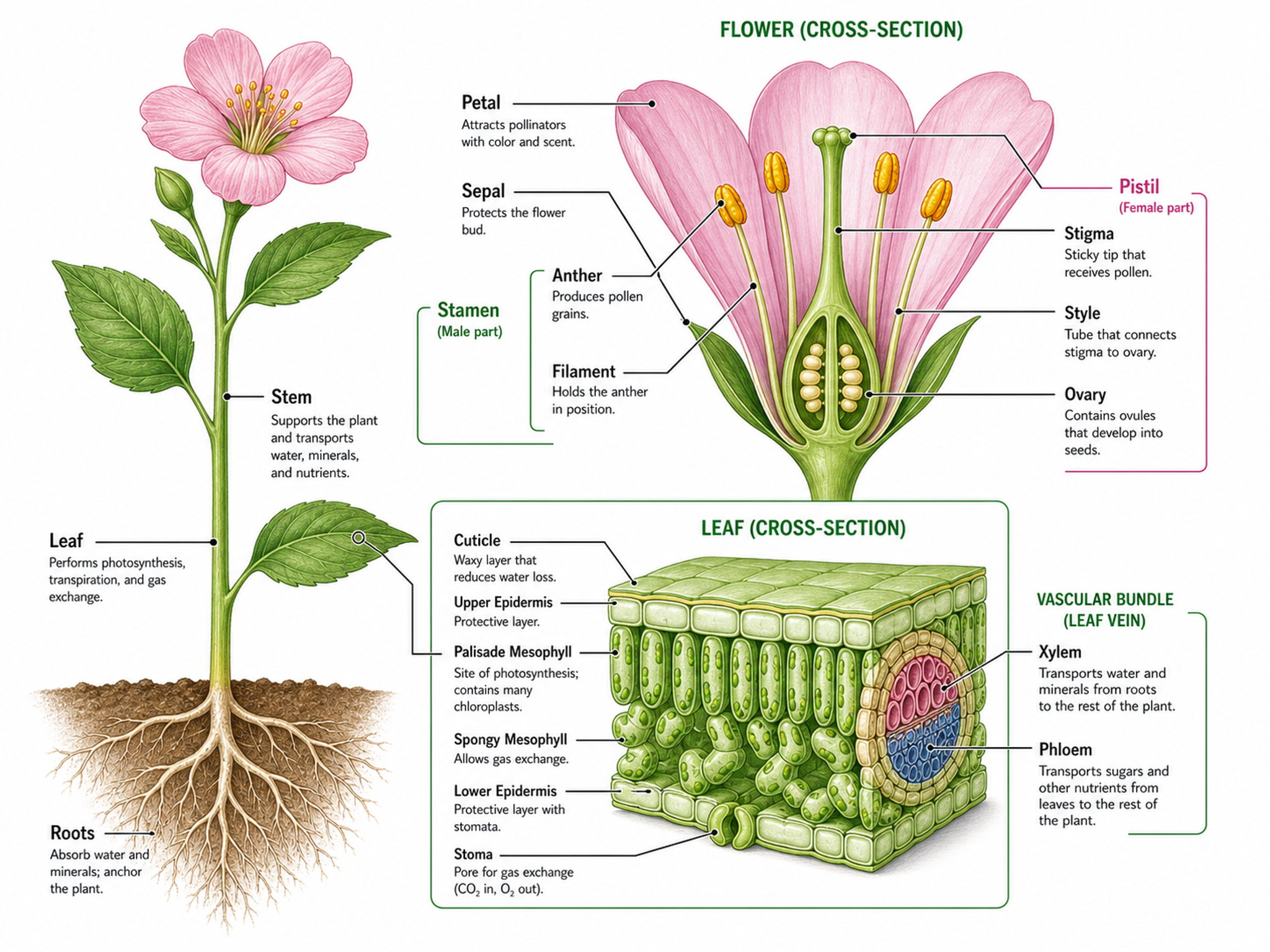 Flowering Plant Anatomy — Botanical illustration of plant and flower structure for biology and ecology papers.