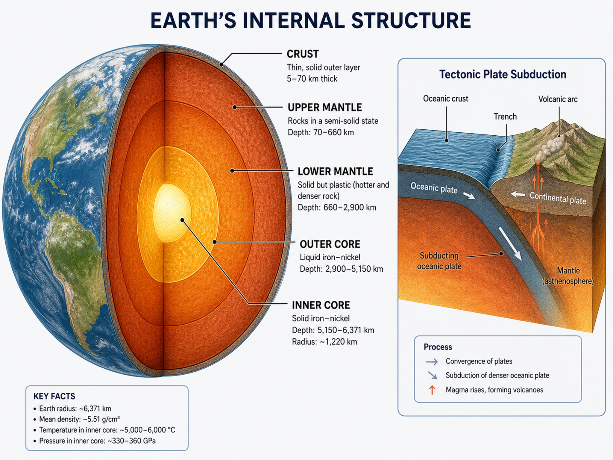 Earth's Internal Layers — Geology illustration of Earth's interior and plate tectonics for earth-science figures.