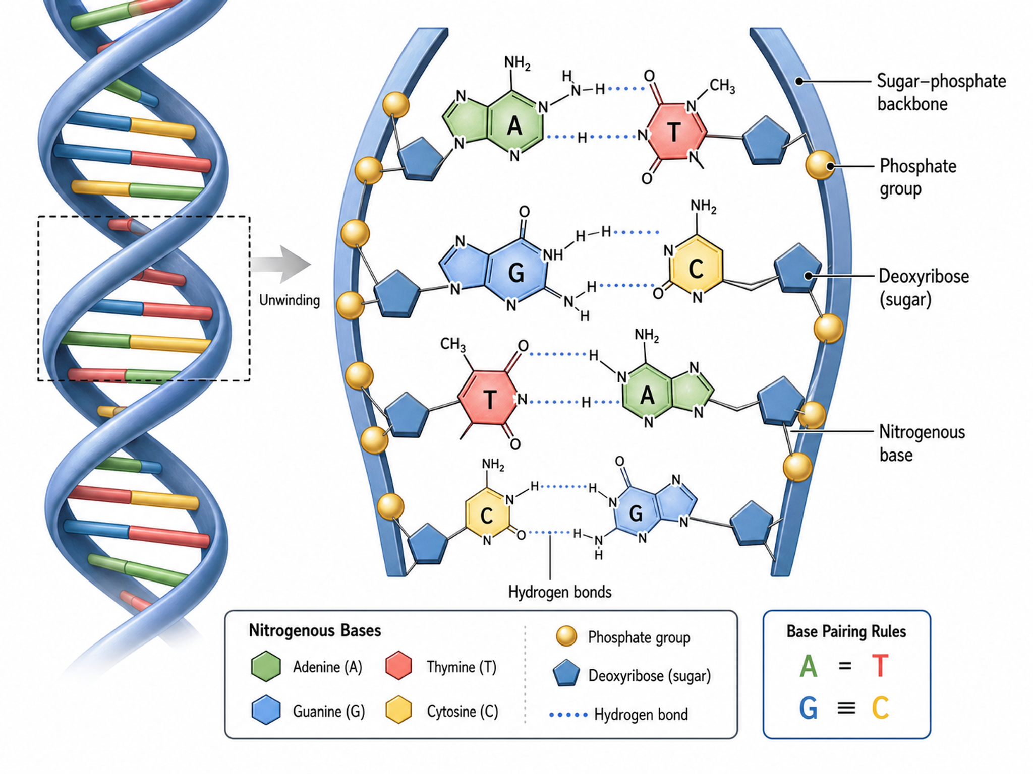 DNA Double Helix — Molecular illustration of DNA base pairing for genetics and biochemistry journals.