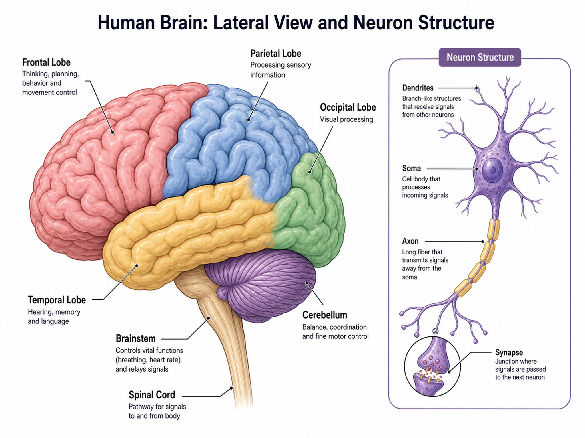 Human Brain Anatomy — Neuroscience illustration of brain regions and a labeled neuron for research figures.