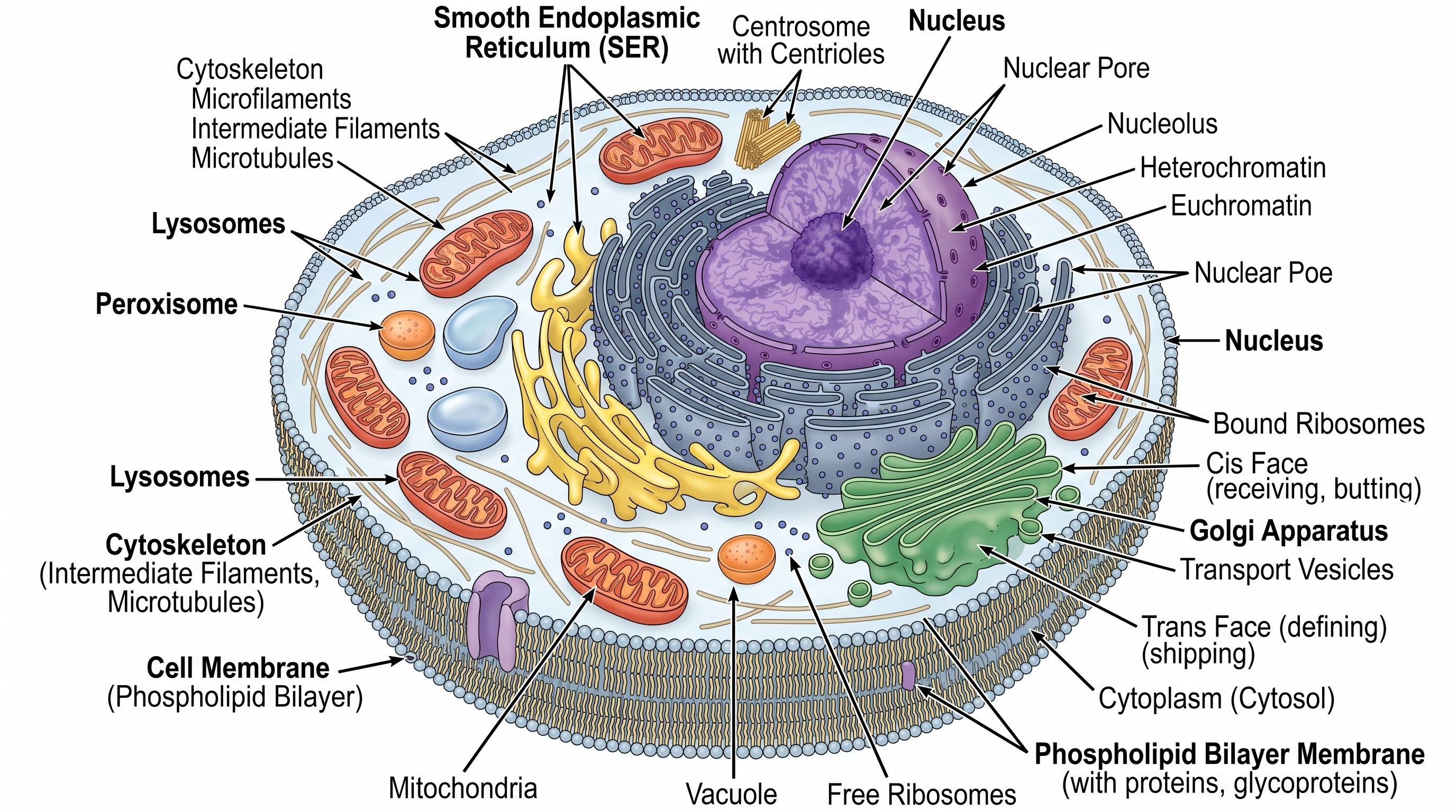 Célula Animal para Biología AP — Diagrama completo y etiquetado de célula animal que cubre todos los orgánulos evaluados en Biología AP: núcleo, mitocondrias, ribosomas, RE, Golgi, lisosomas, centrosoma, citoesqueleto y membrana celular.