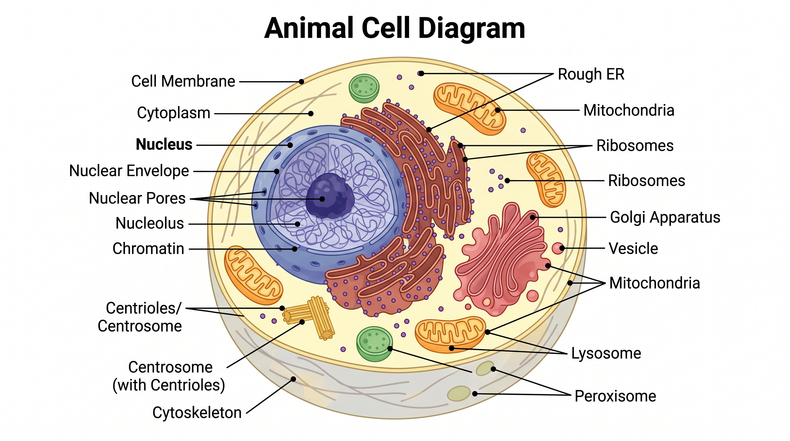 Célula con Núcleo Detallado — Diagrama de célula animal que enfatiza la estructura nuclear: envoltura nuclear, poros nucleares, nucléolo y cromatina, junto con orgánulos citoplasmáticos.