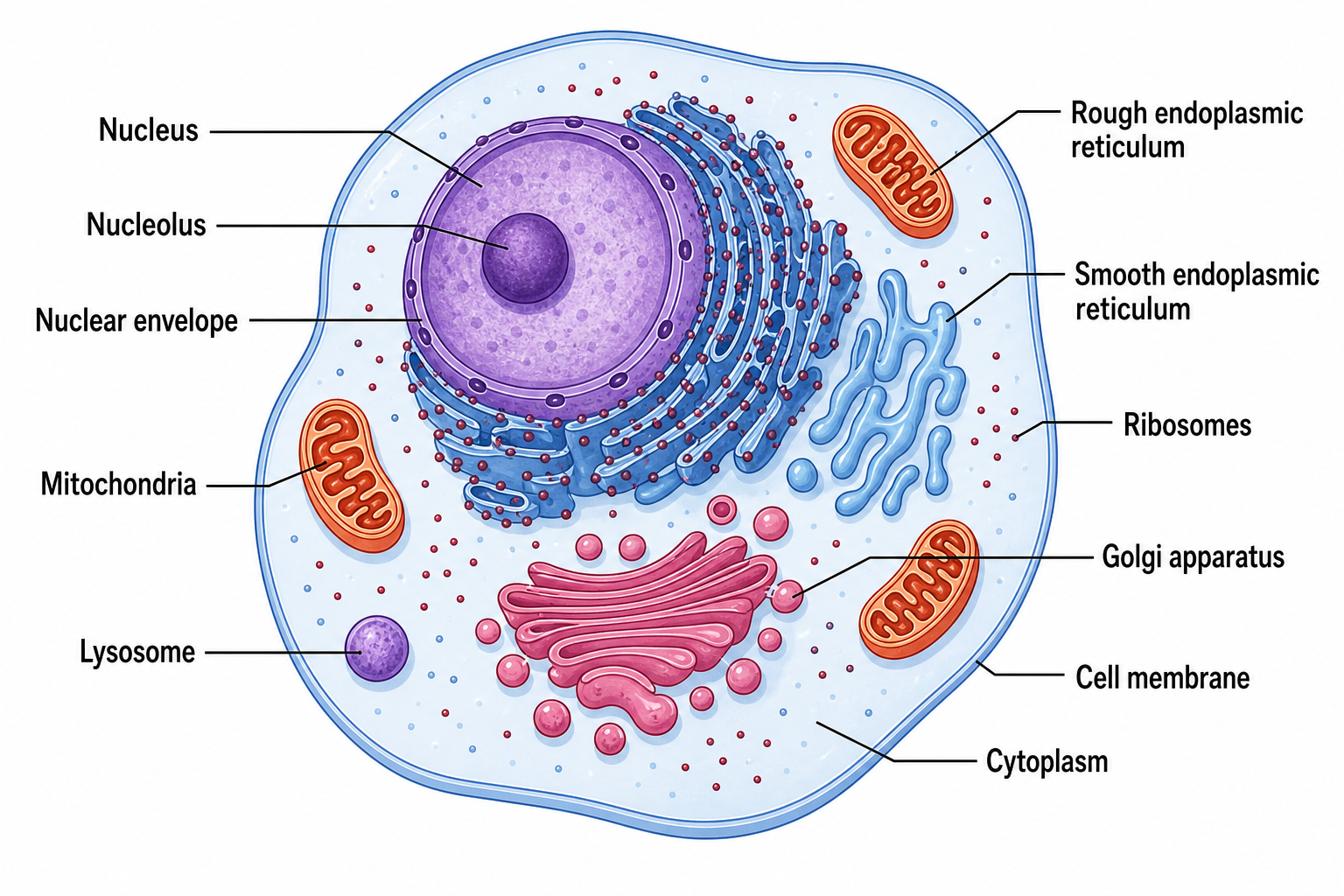 Vollständig beschriftetes Diagramm einer tierischen Zelle mit Zellkern, Mitochondrien, endoplasmatischem Retikulum, Golgi-Apparat, Ribosomen, Lysosom, Membran und Zytoplasma