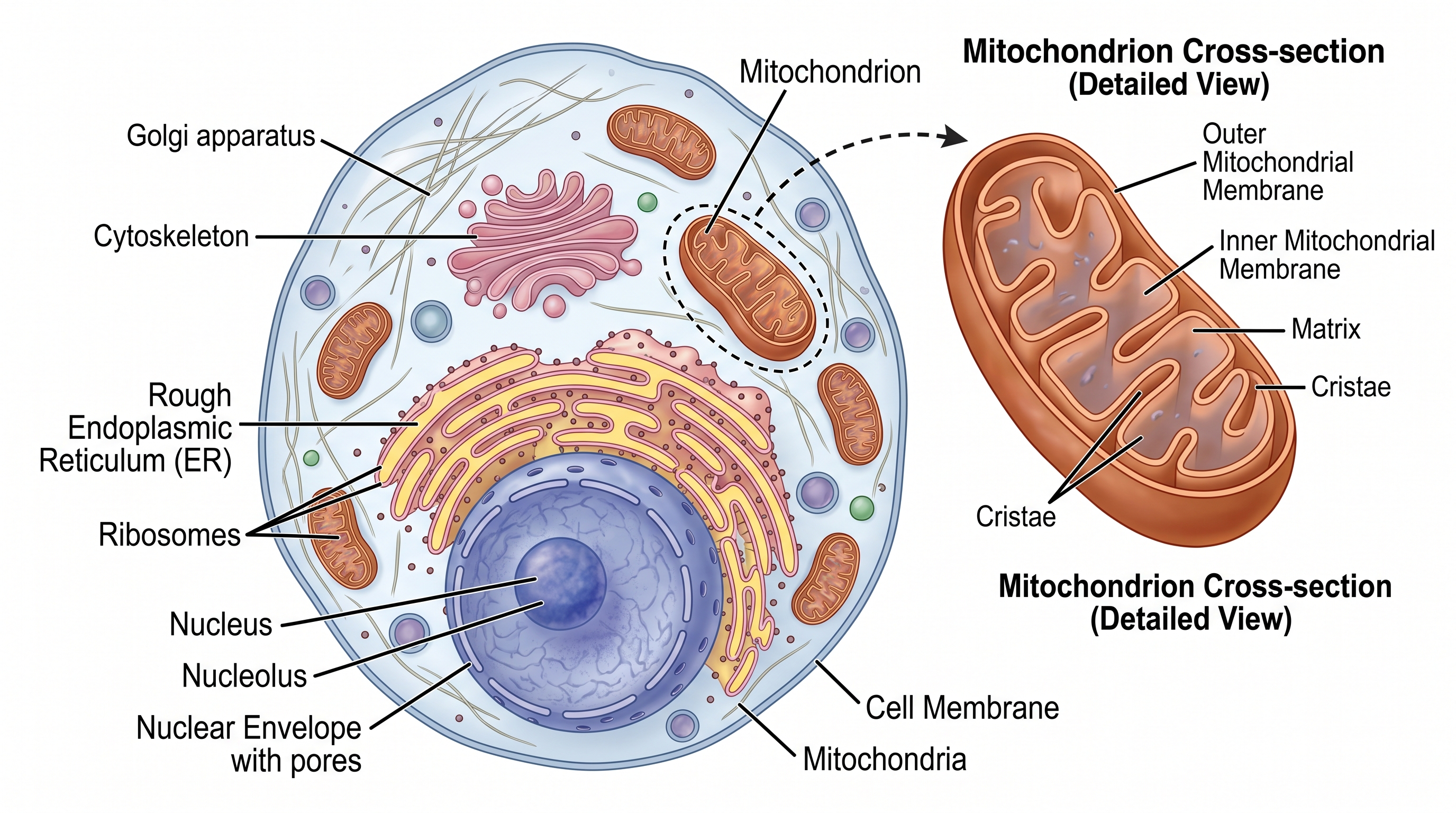 Corte Transversal de Mitocondria — Diagrama de célula animal que resalta las mitocondrias con membranas interna y externa y crestas etiquetadas, junto con orgánulos del citoplasma circundante.