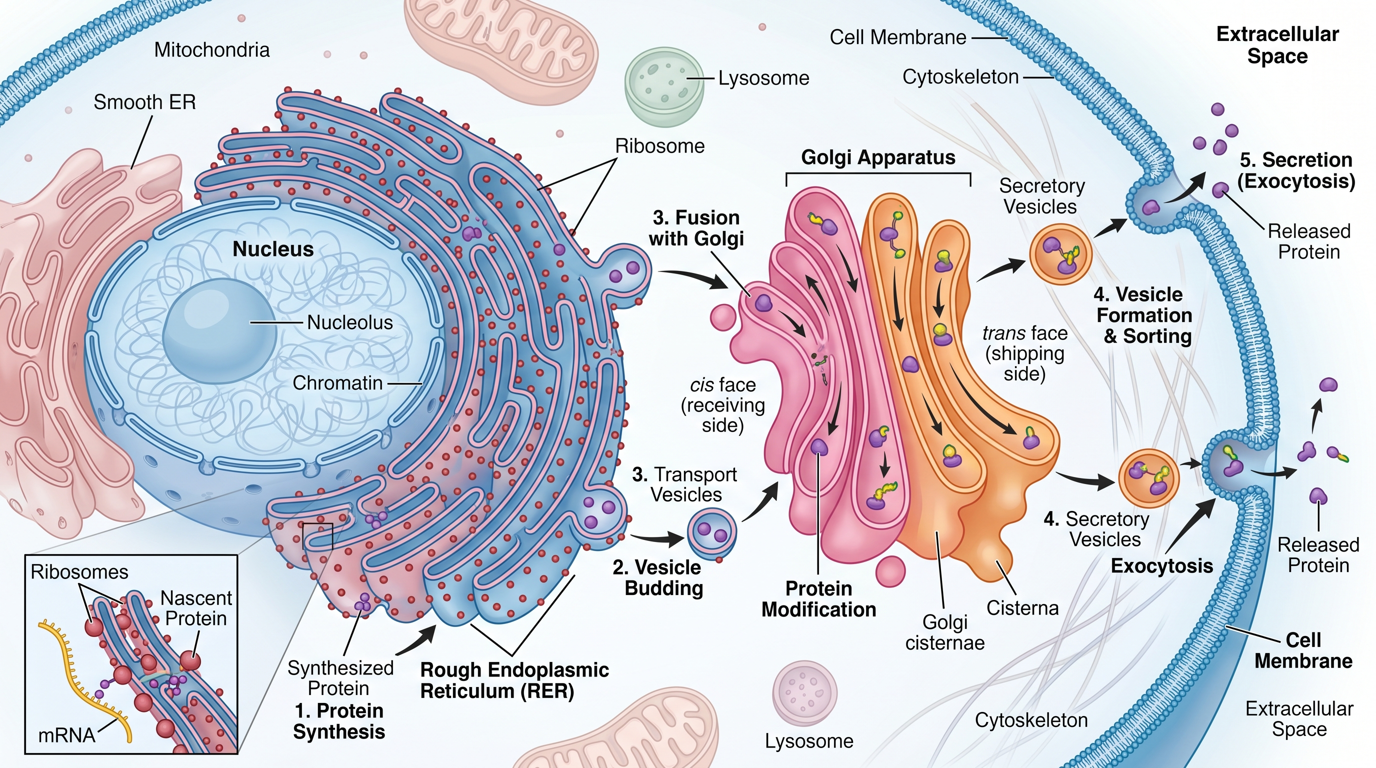 Célula con Ruta Secretora — Diagrama de célula animal que muestra la ruta secretora: RE rugoso → vesículas → aparato de Golgi → vesículas secretoras → membrana celular, con pasos etiquetados.