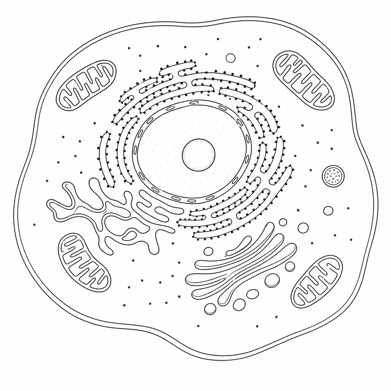 Leeres, unbeschriftetes Diagramm einer tierischen Zelle mit klaren Organellen-Umrissen und Platz zum Eintragen der Beschriftungen
