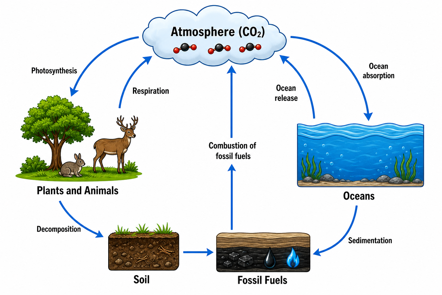 Carbon Cycle Diagram — A labeled carbon cycle with photosynthesis, respiration, decomposition, and fossil-fuel combustion between the main carbon stores.