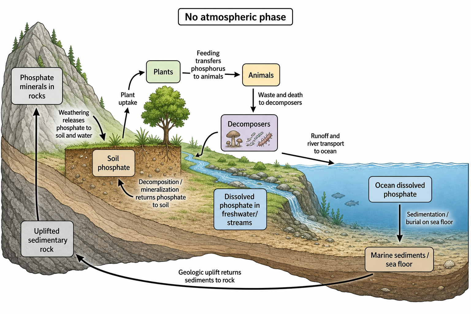 Phosphorus Cycle Diagram — A sedimentary phosphorus cycle from rock weathering through plants and animals to ocean sediment and uplift.