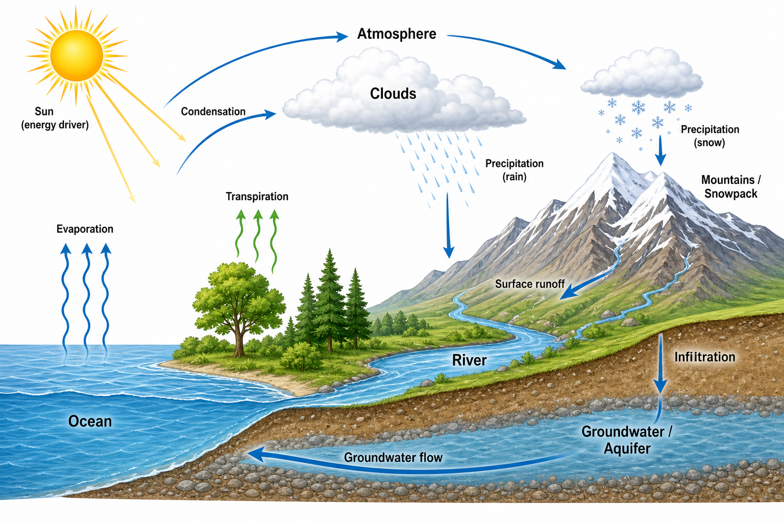 Water Cycle Diagram — A hydrologic cycle showing evaporation, condensation, precipitation, runoff, and infiltration driven by the sun.