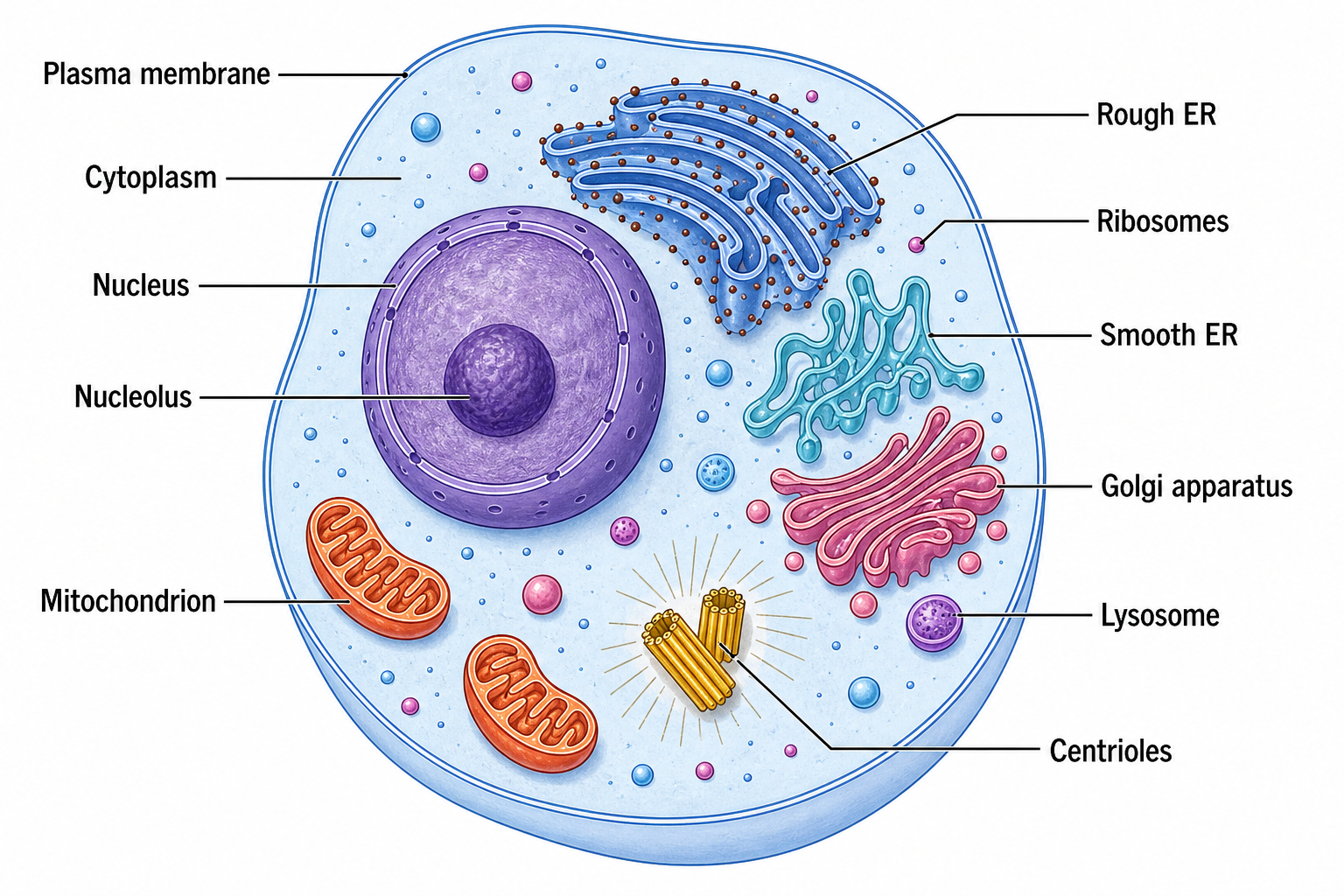 Animal Cell — A eukaryotic animal cell with nucleus, mitochondria, ER, Golgi, ribosomes, and plasma membrane labeled.