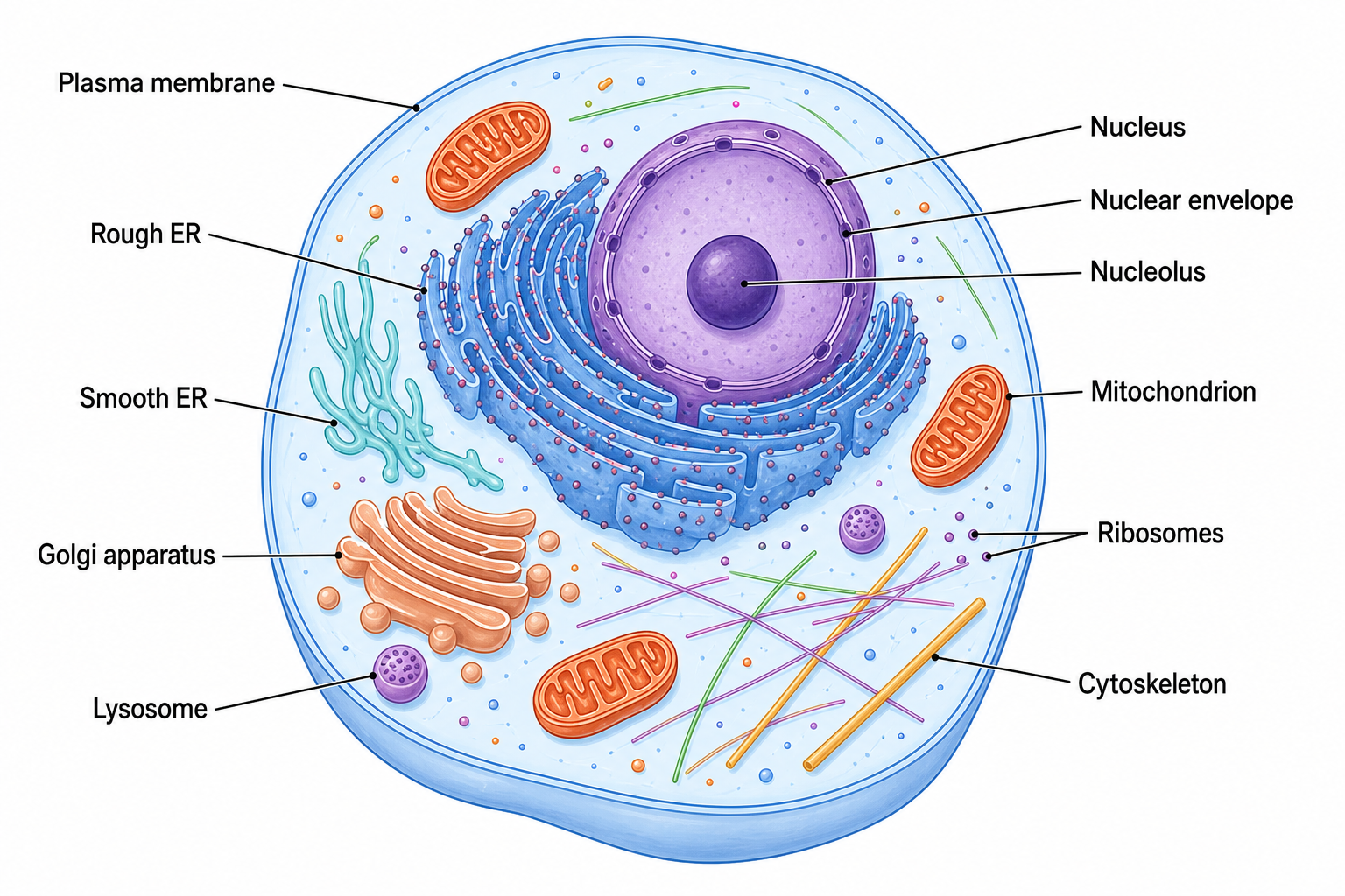Eukaryote Cell — A generalized eukaryotic cell highlighting its membrane-bound organelles and defined nucleus.
