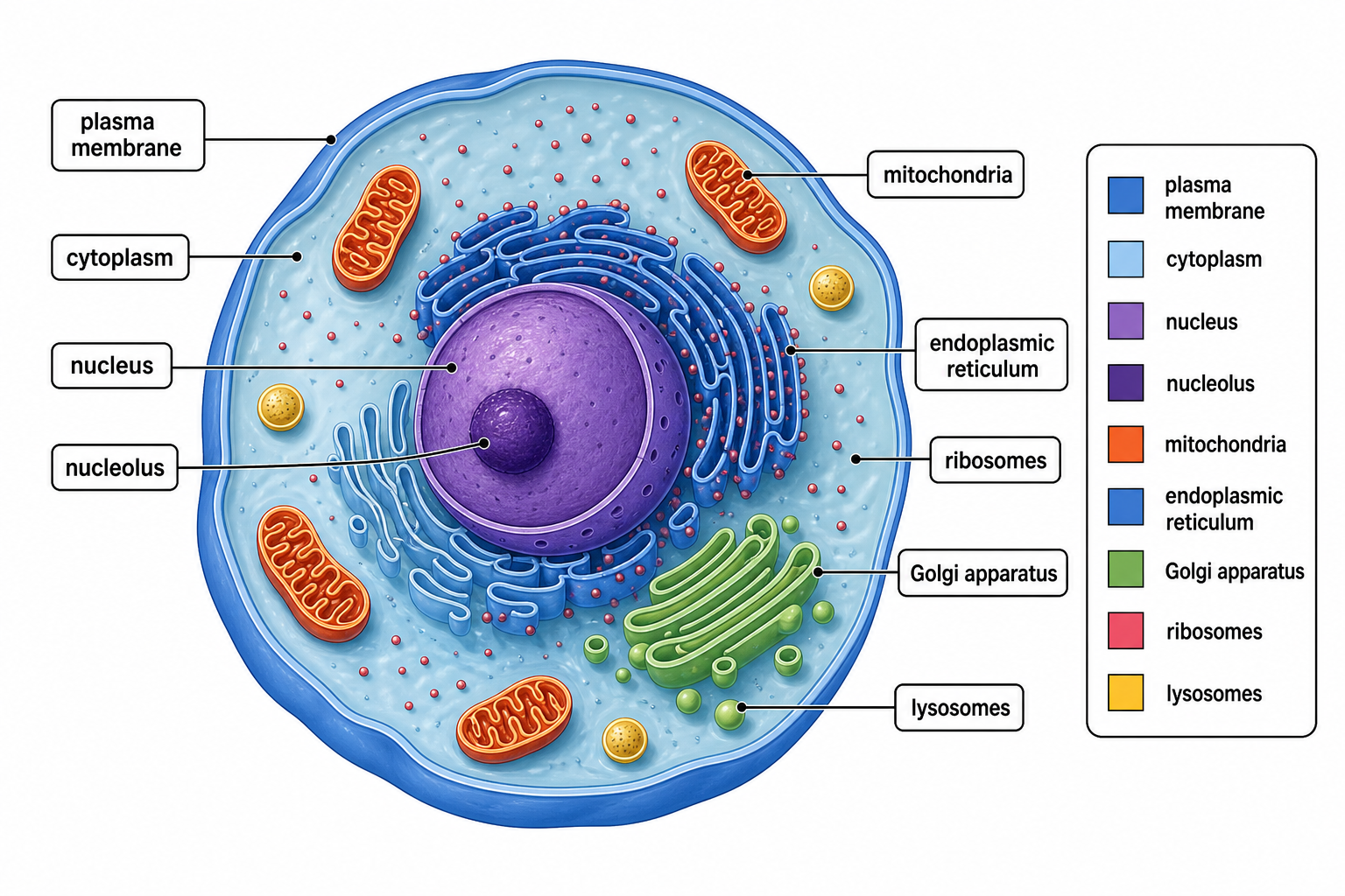 Labeled Cell — An animal cell with every major organelle named using callout boxes and a tidy legend.