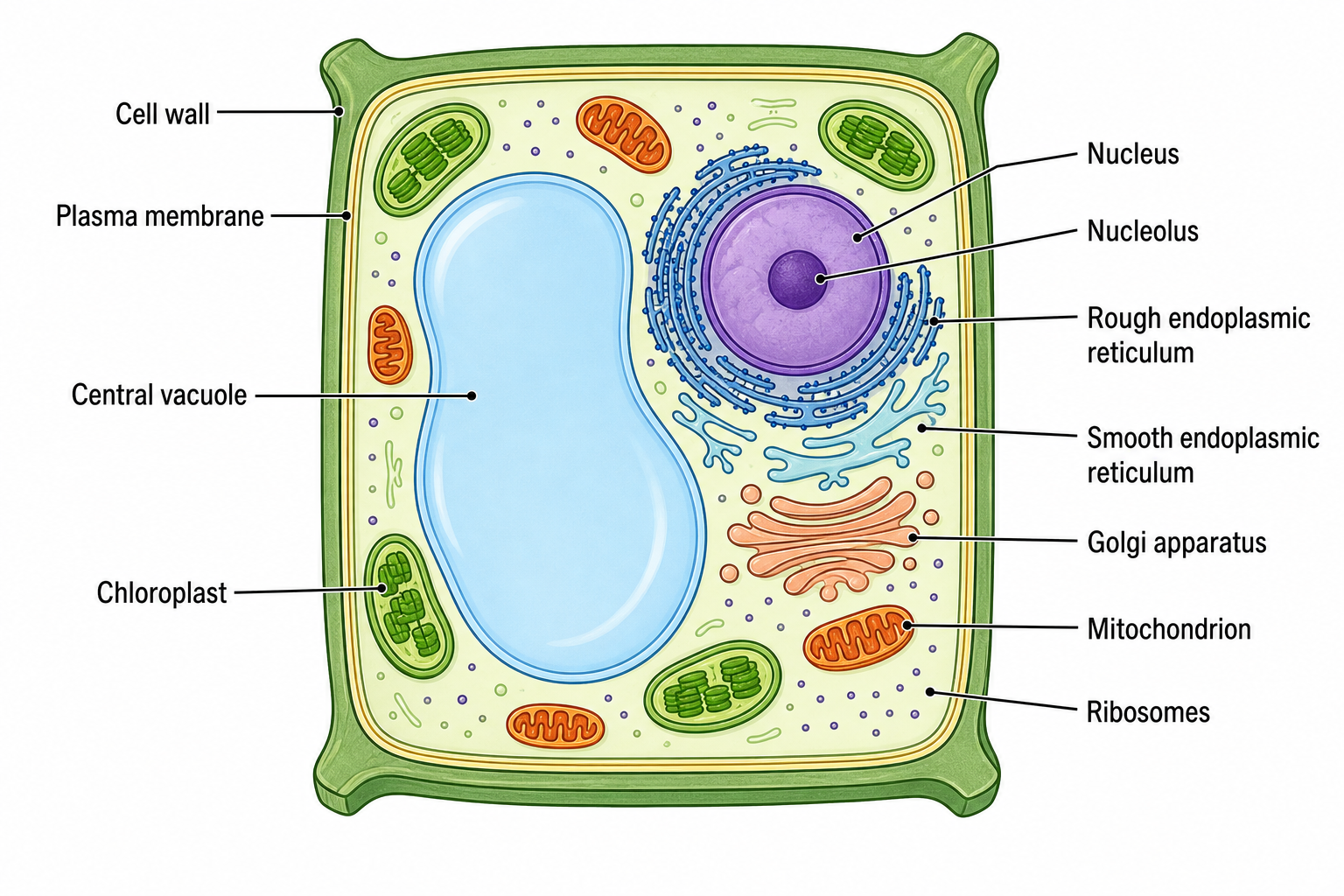 Plant Cell — A plant cell adding cell wall, chloroplasts, and a large central vacuole to the eukaryotic organelles.
