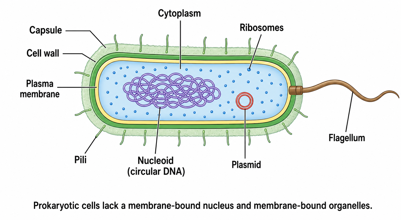 Prokaryote Cell — A prokaryotic cell with no nucleus — nucleoid, plasmid, capsule, and flagellum clearly labeled.