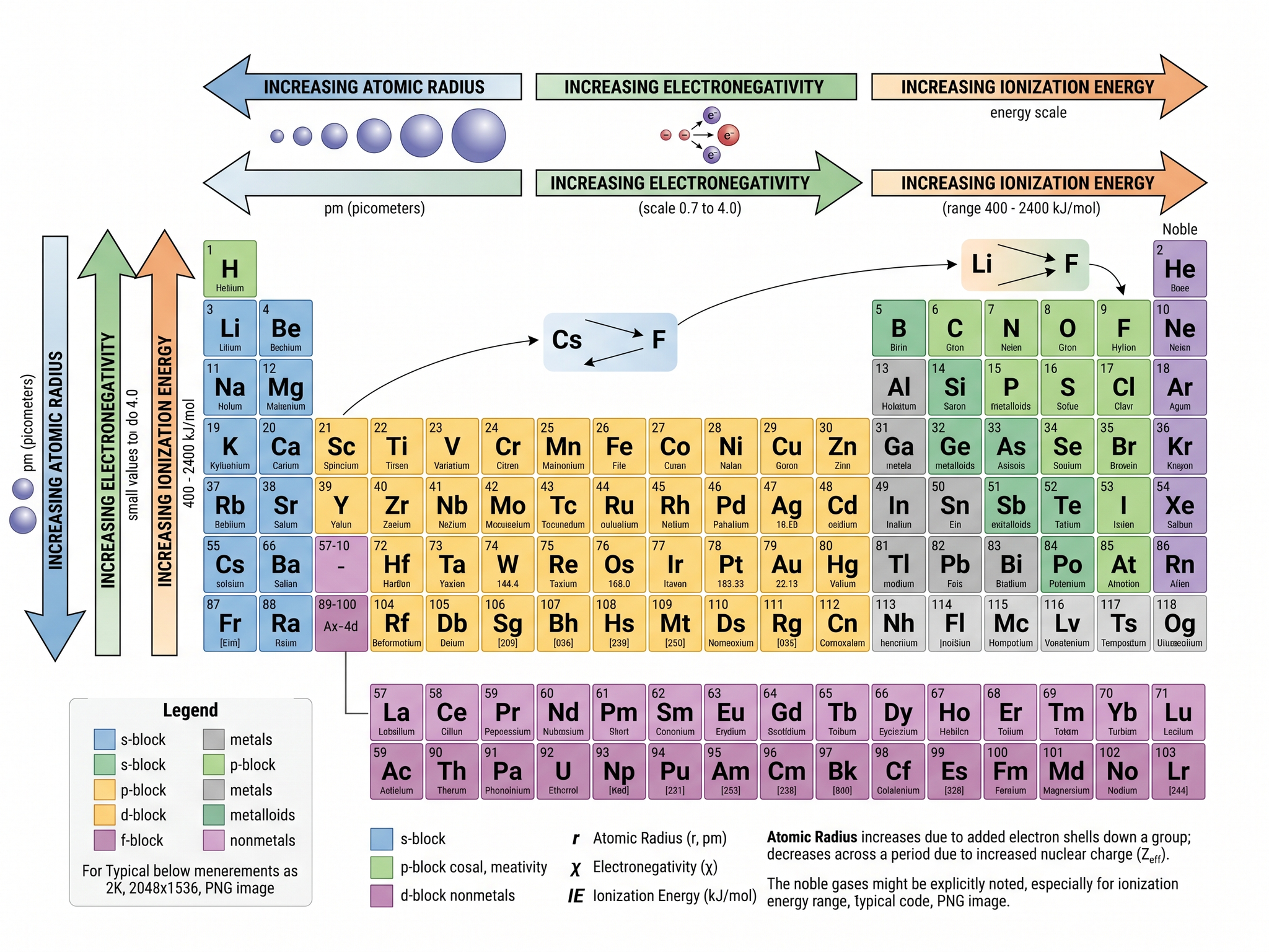Periodische Trends — Periodensystemdiagramm mit Trends zu Atomradius, Elektronegativität und Ionisierungsenergie.