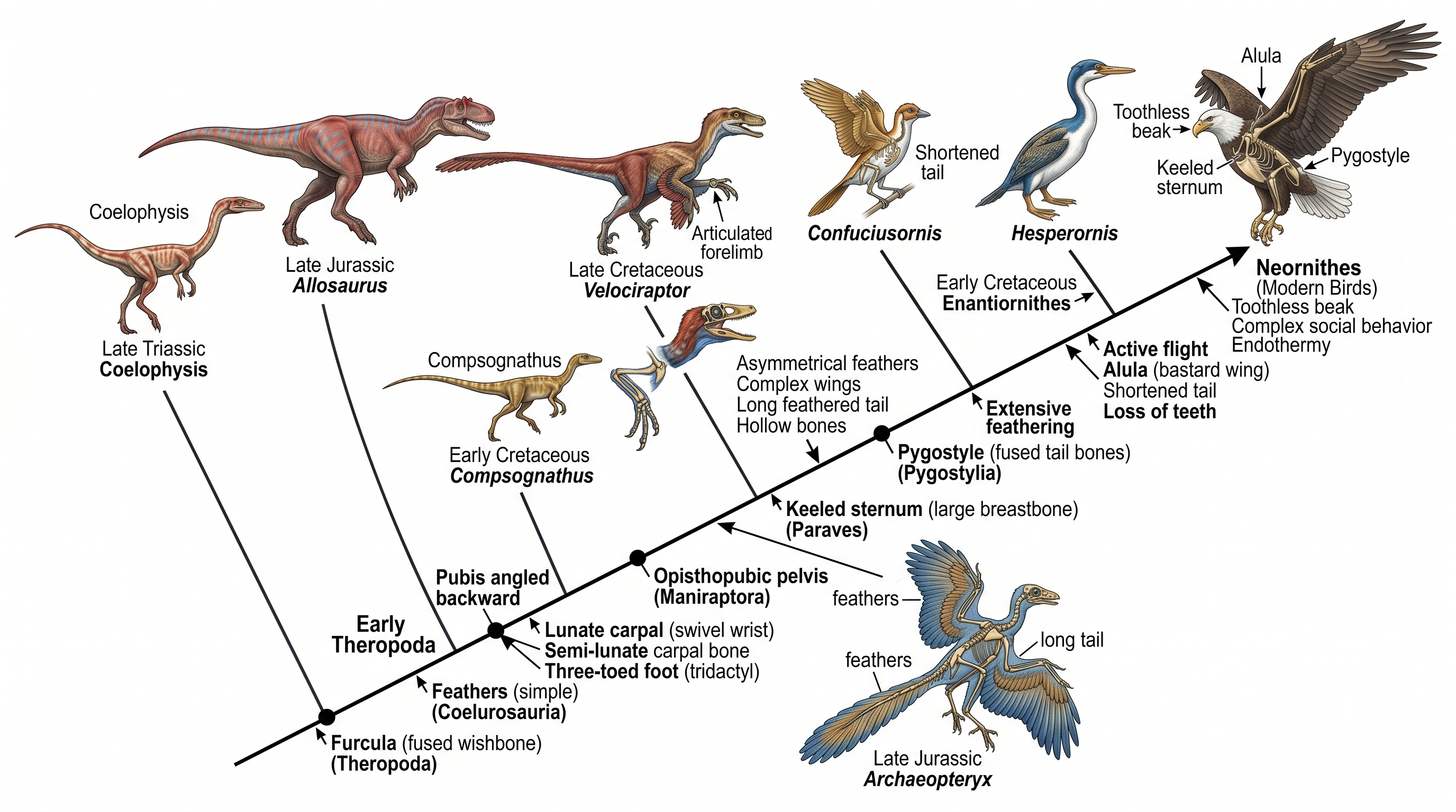 Clado dos Dinossauros — Cladograma de dinossauros terópodos e aves mostrando características esqueléticas compartilhadas ao longo da linhagem que levou às aves modernas.