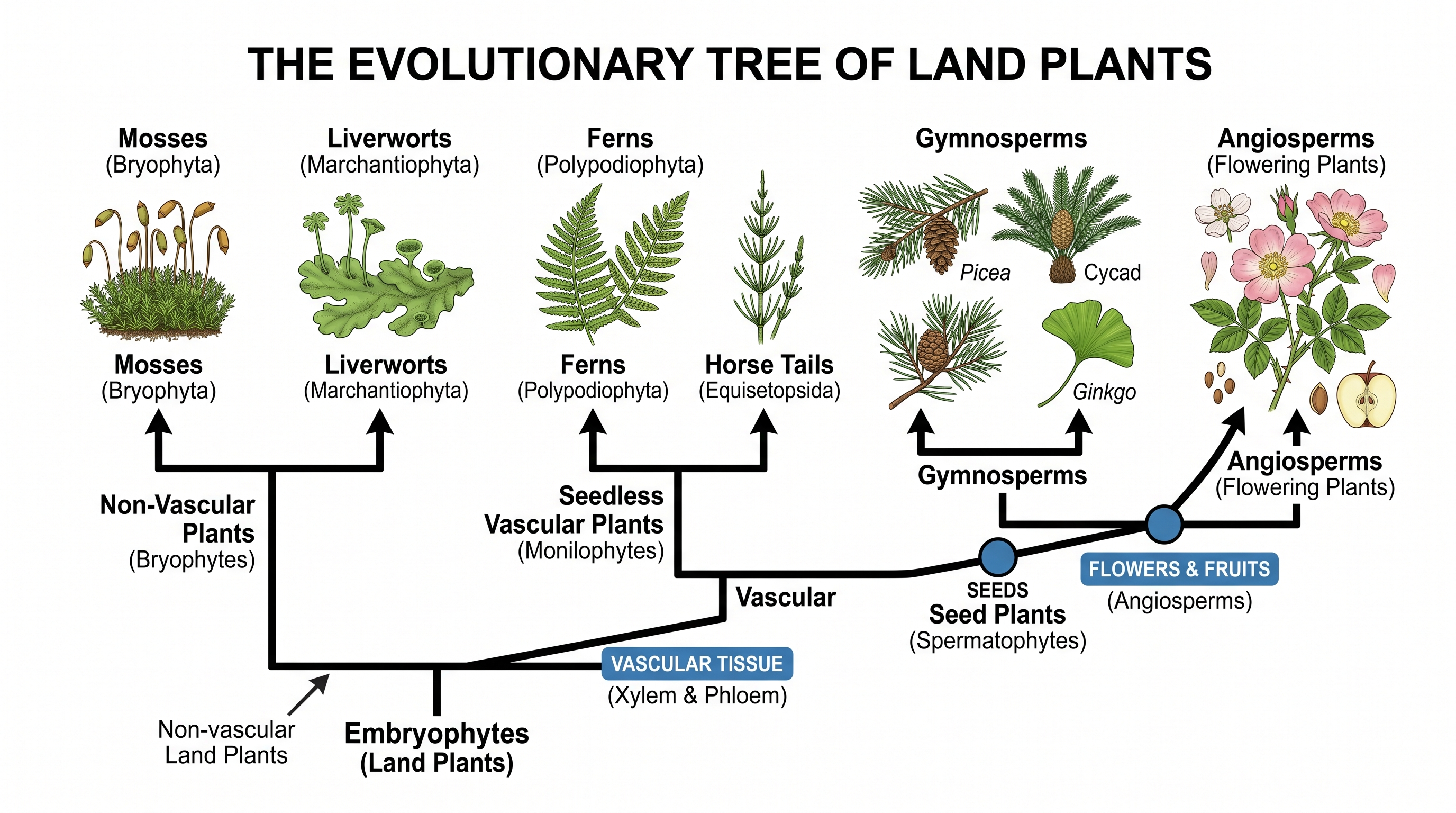 Linhagens de Plantas — Cladograma de plantas terrestres, desde musgos e samambaias até gimnospermas e angiospermas, por tecido vascular, sementes e flores.