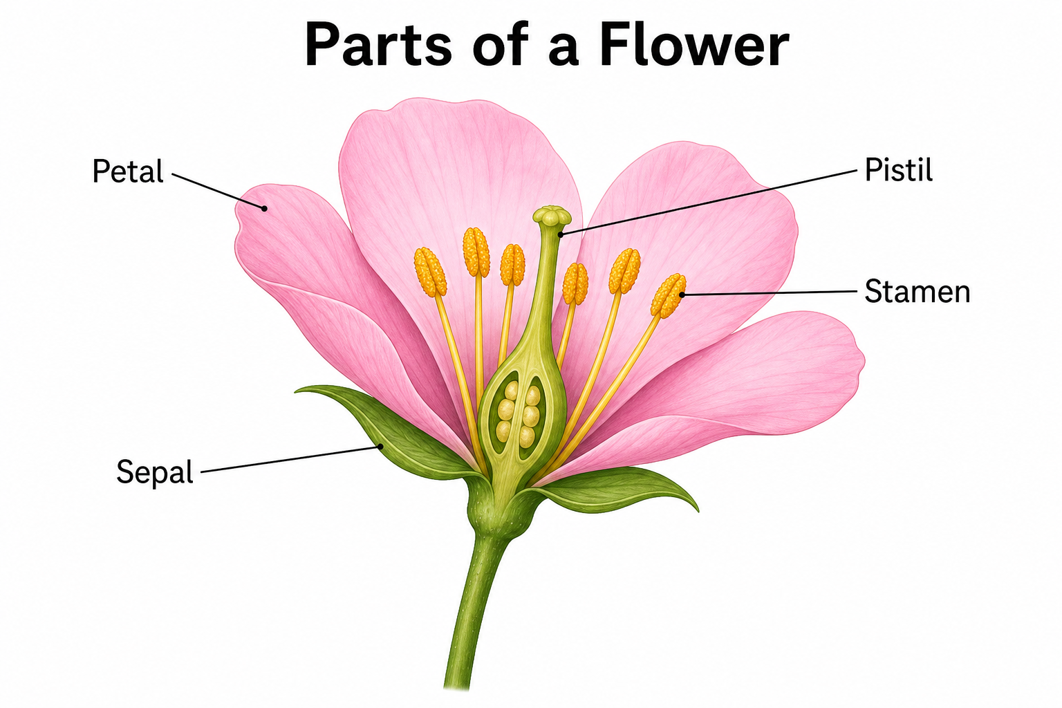 Diagramma delle parti di un fiore — Disegna un fiore etichettato che mostra petali, sepali, stame e pistillo per la lezione di biologia.