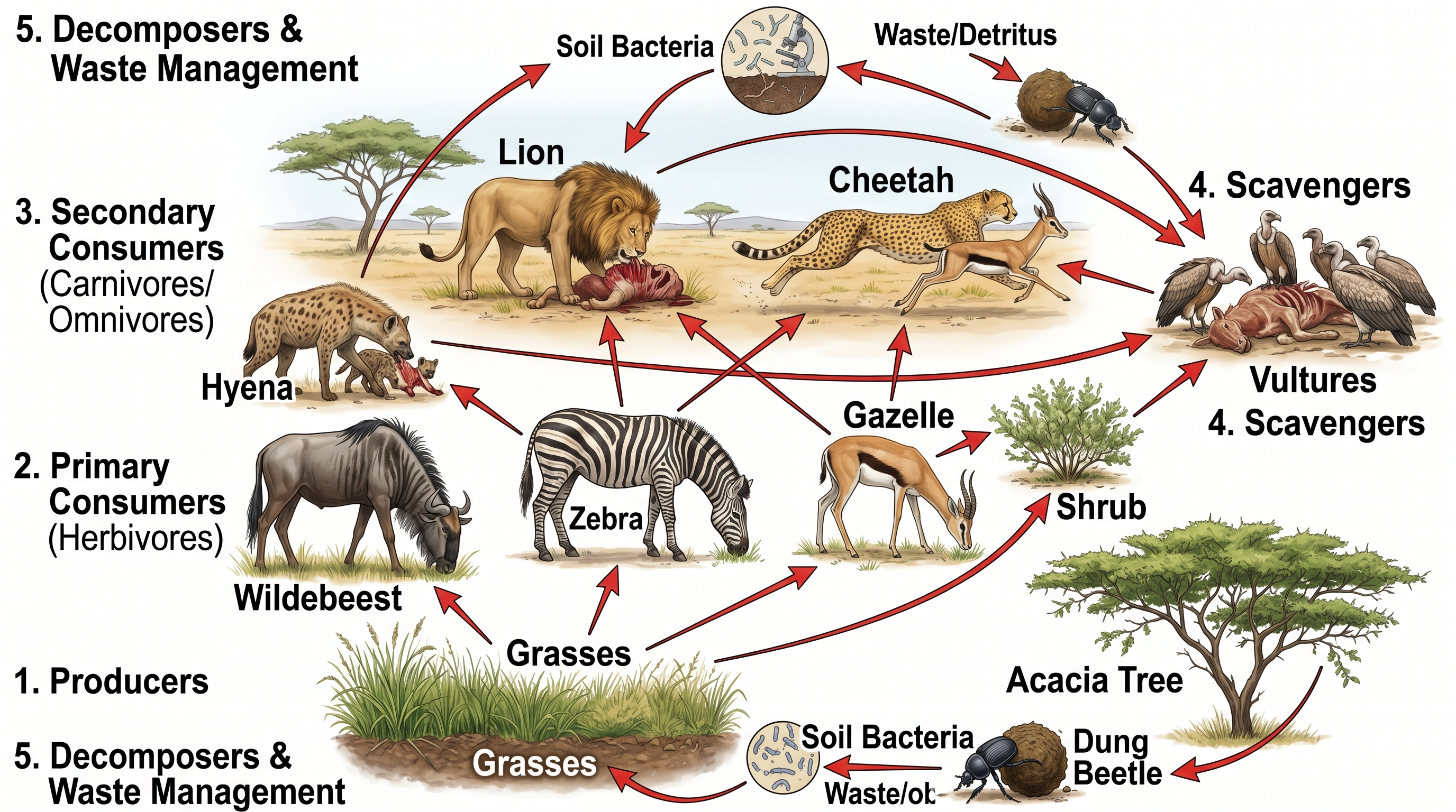 Grasland-Savanna-Nahrungsnetz — Savanna-Nahrungsnetz, das Gräser und Büsche, Gazellen und Zebras, Löwen und Geparde, Geier und Bodenbakterien verknüpft.