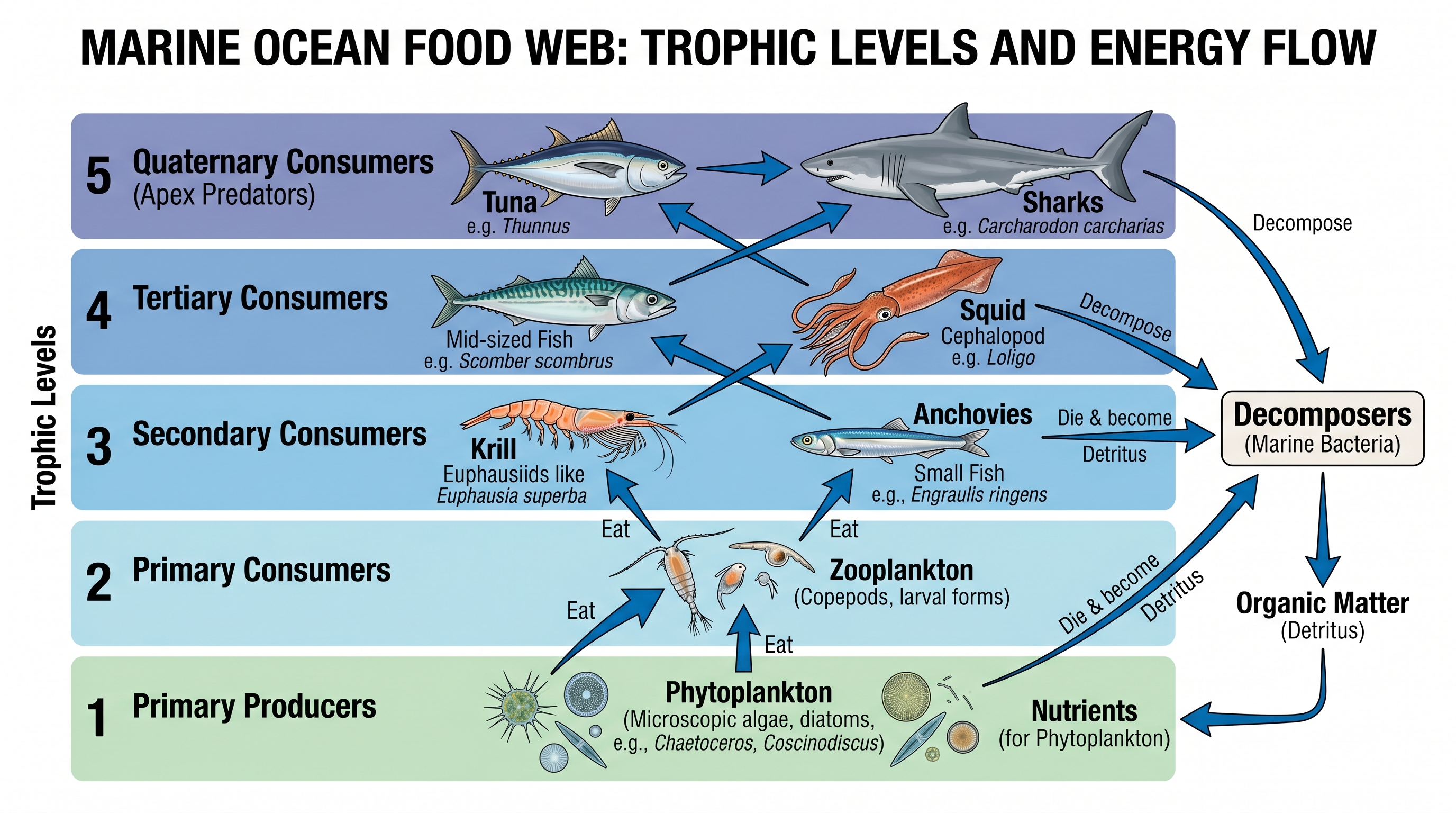 Meeresökosystem-Nahrungsnetz — Ozean-Nahrungsnetz von Phytoplankton und Zooplankton über kleine Fische, Tintenfische, Thunfische, Haie bis zu marinen Detritivoren.
