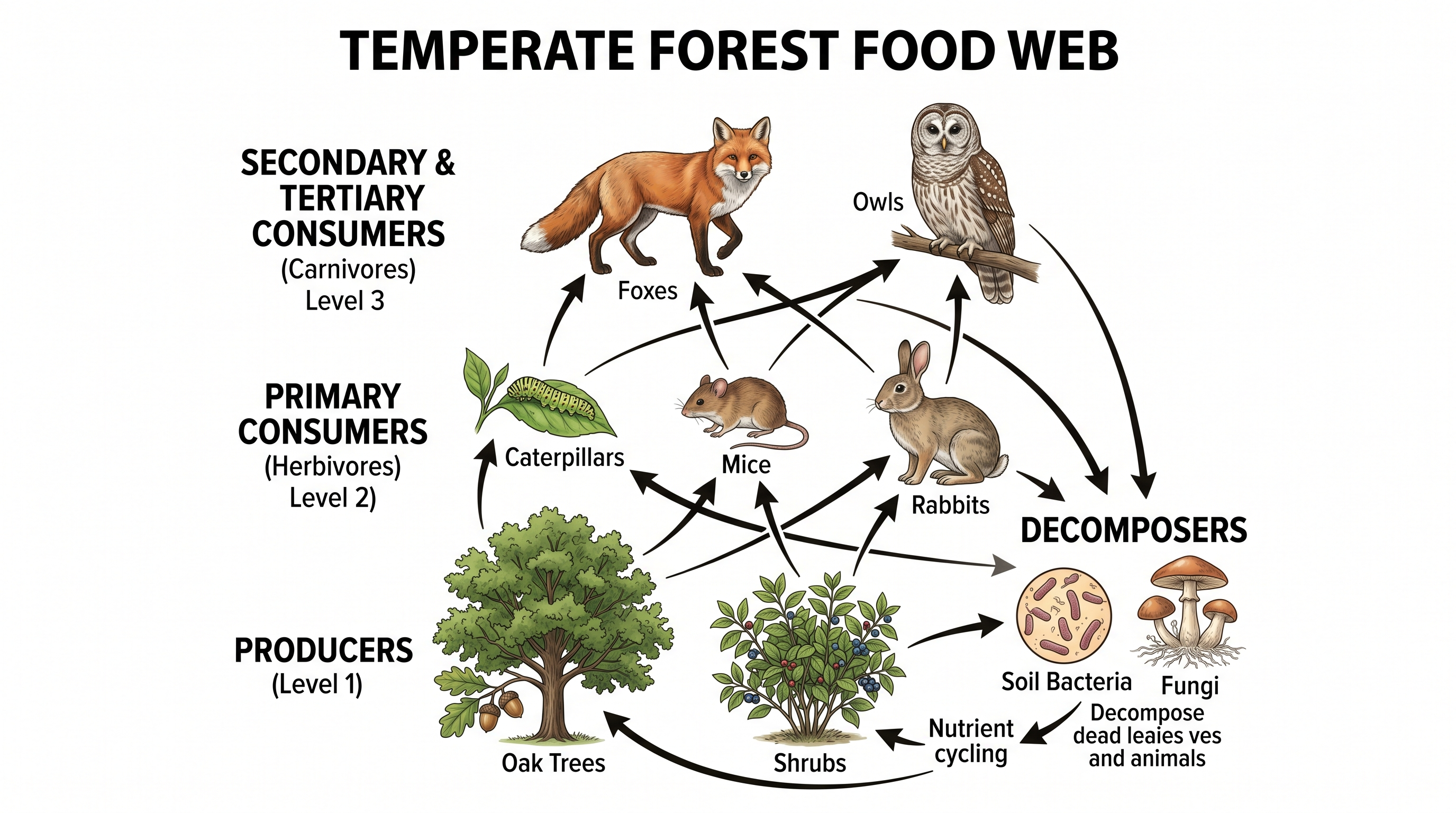 Gemäßigter Wald-Nahrungsnetz — Wald-Nahrungsnetz, das Eichen, Insekten, Mäuse, Kaninchen, Füchse, Eulen und Bodendestruenten durch Ernährungsbeziehungen verknüpft.
