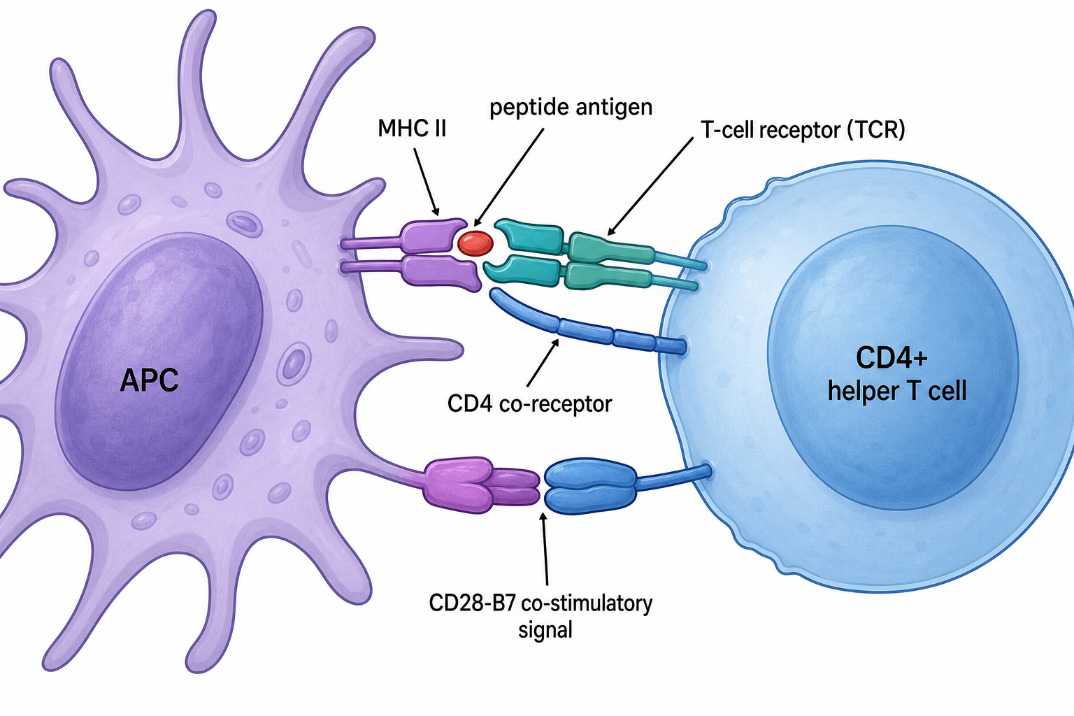 Antigenpräsentations-Diagramm: dendritische Zelle präsentiert Peptid auf MHC II einer CD4+ T-Zelle mit TCR und CD28-B7