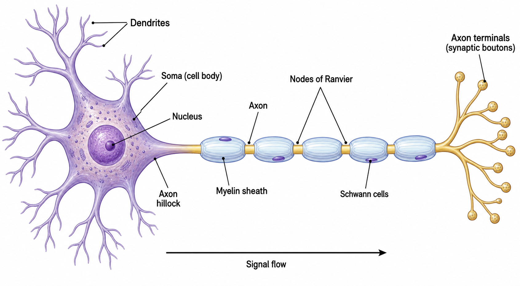 Labeled Neuron — A complete multipolar neuron with every part labeled — dendrites, soma, nucleus, axon, myelin sheath, nodes of Ranvier, and axon terminals.